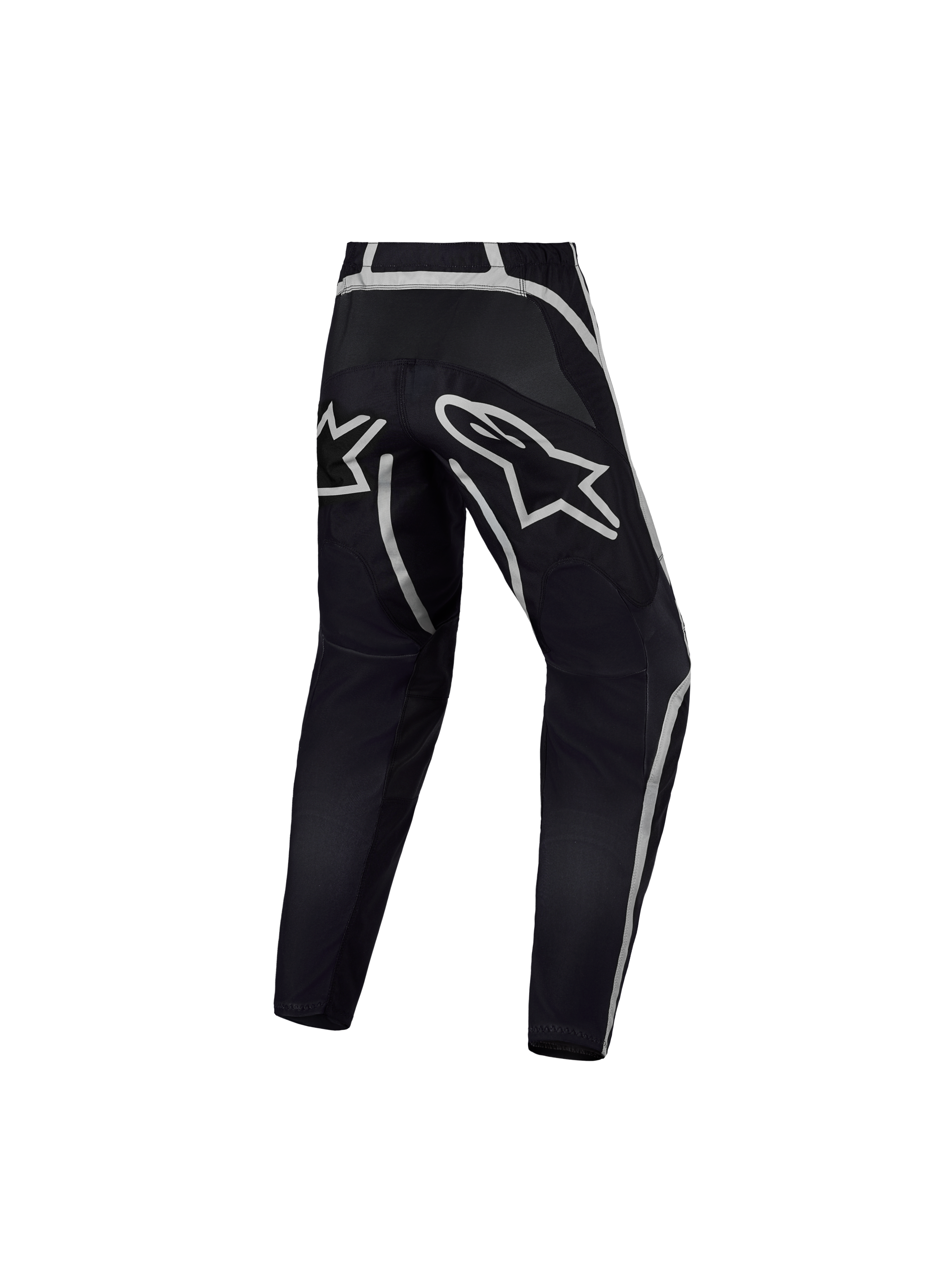 Alpinestars calças Fluid Apex V2 Jovem, calças de motocross pretas e prateadas, vista traseira com construção ergonómica.