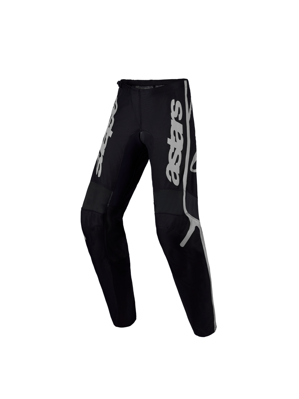 Alpinestars Calças Fluid Apex V2 Jovem, calças de motocross pretas e prateadas, construção ergonómica em têxtil.