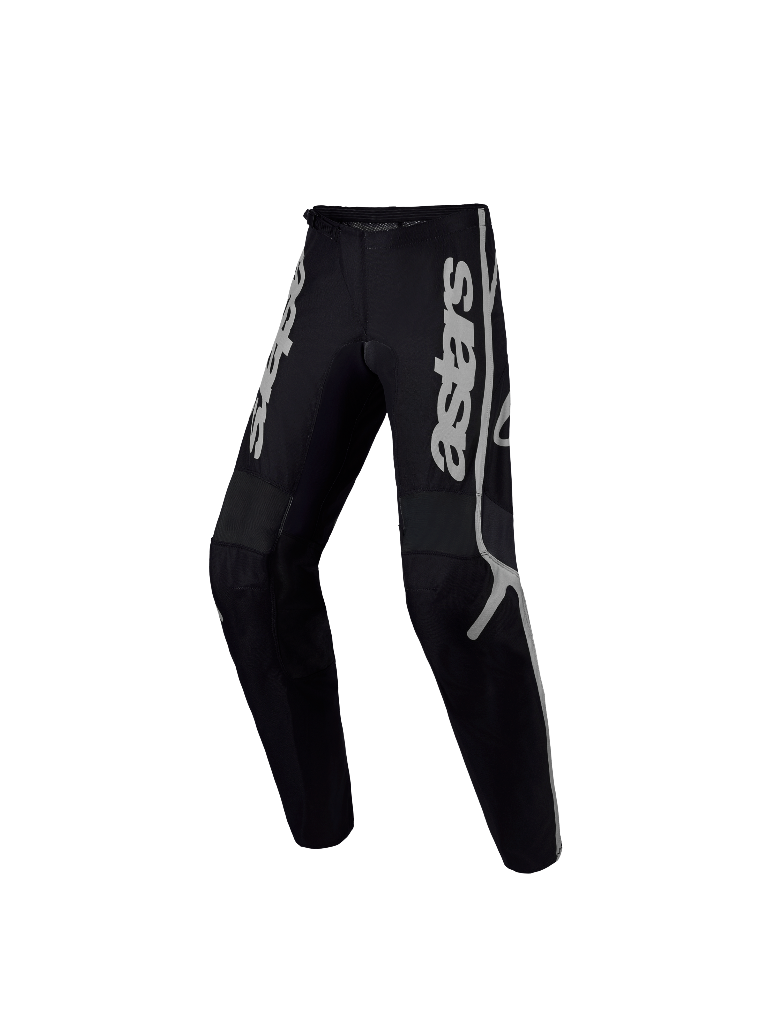 Alpinestars Calças Fluid Apex V2 Jovem, calças de motocross pretas e prateadas, construção ergonómica em têxtil.
