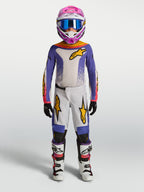 Alpinestars Calças Fluid Drag Juventude, conjunto de motocross roxo e branco com detalhes dourados para jovens.