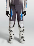 Alpinestars calças Fluid Drag juventude, motocross off-road, cinzentas e azuis, polifabric 600D com reforço nos joelhos.
