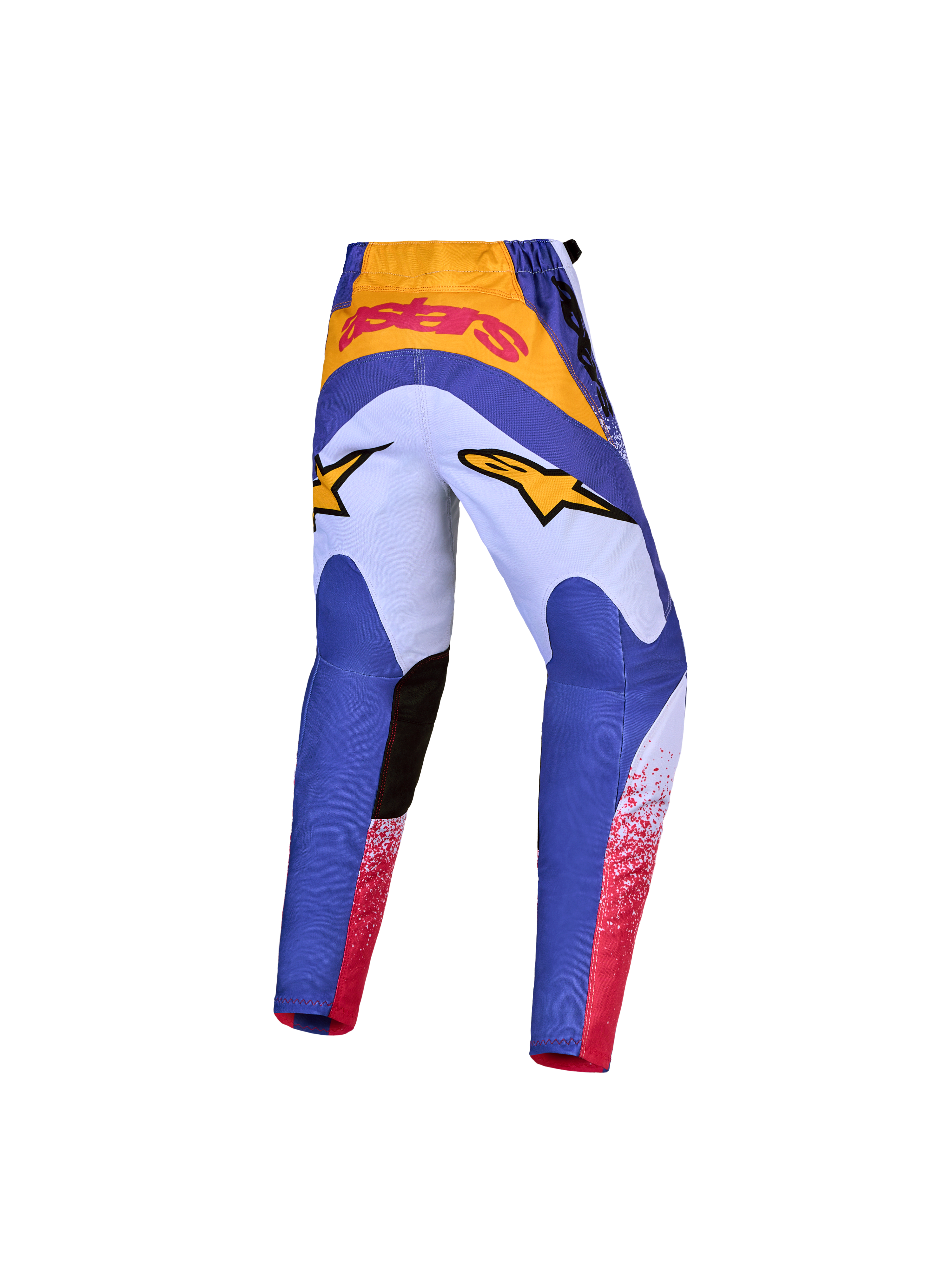Alpinestars Calças Fluid Drag Juventude 2027, calças de motocross azuis e douradas para jovens, vista traseira ergonómica.