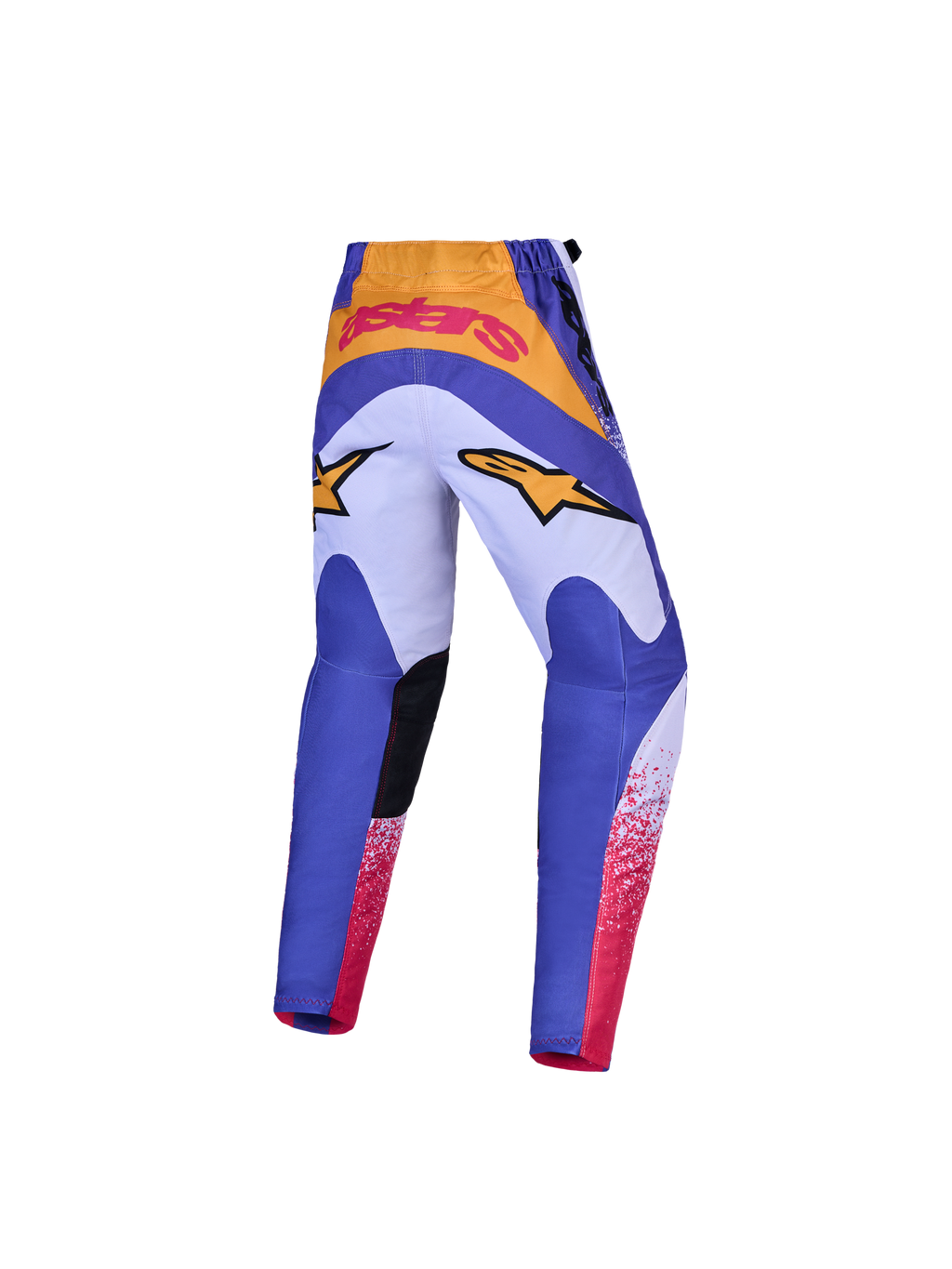 Alpinestars Calças Fluid Drag Jovem, calças de motocross para jovem, azuis e lilás com detalhes dourados, vista traseira com assento reforçado para todo-o-terreno.