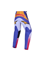 Alpinestars Calças Fluid Drag Jovem, calças de motocross para jovem, azuis e lilás com detalhes dourados, vista traseira com assento reforçado para todo-o-terreno.