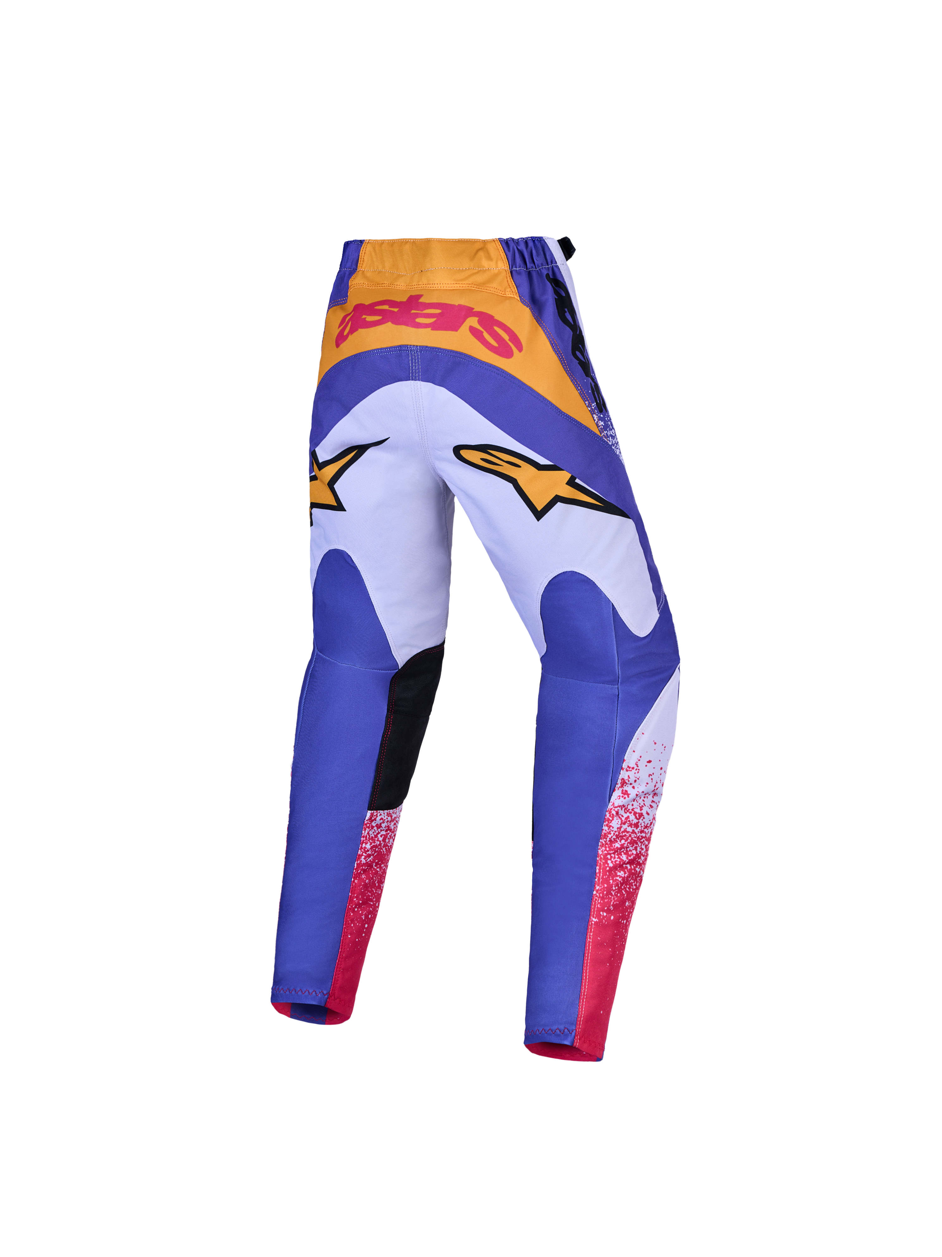 Alpinestars Calças Fluid Drag Jovem, calças de motocross para jovem, azuis e lilás com detalhes dourados, vista traseira com assento reforçado para todo-o-terreno.