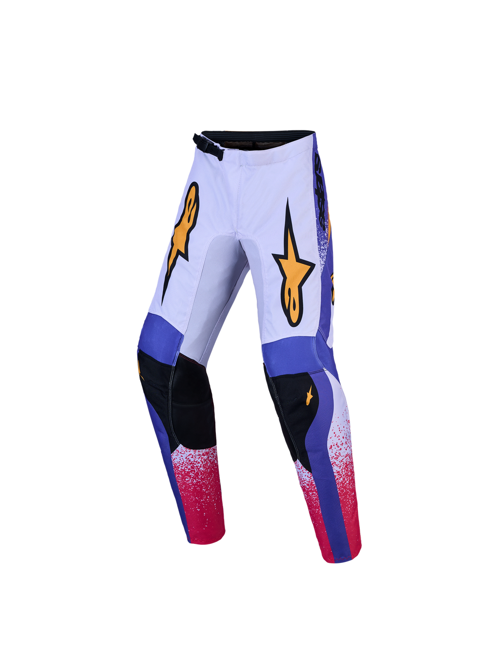 Alpinestars calças Fluid Drag Jovem, calças de motocross para jovens, lilás e azul, construção durável em polifabric 600D com reforços pretos nos joelhos e detalhes vermelhos.