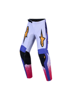 Alpinestars calças Fluid Drag Jovem, calças de motocross para jovens, lilás e azul, construção durável em polifabric 600D com reforços pretos nos joelhos e detalhes vermelhos.