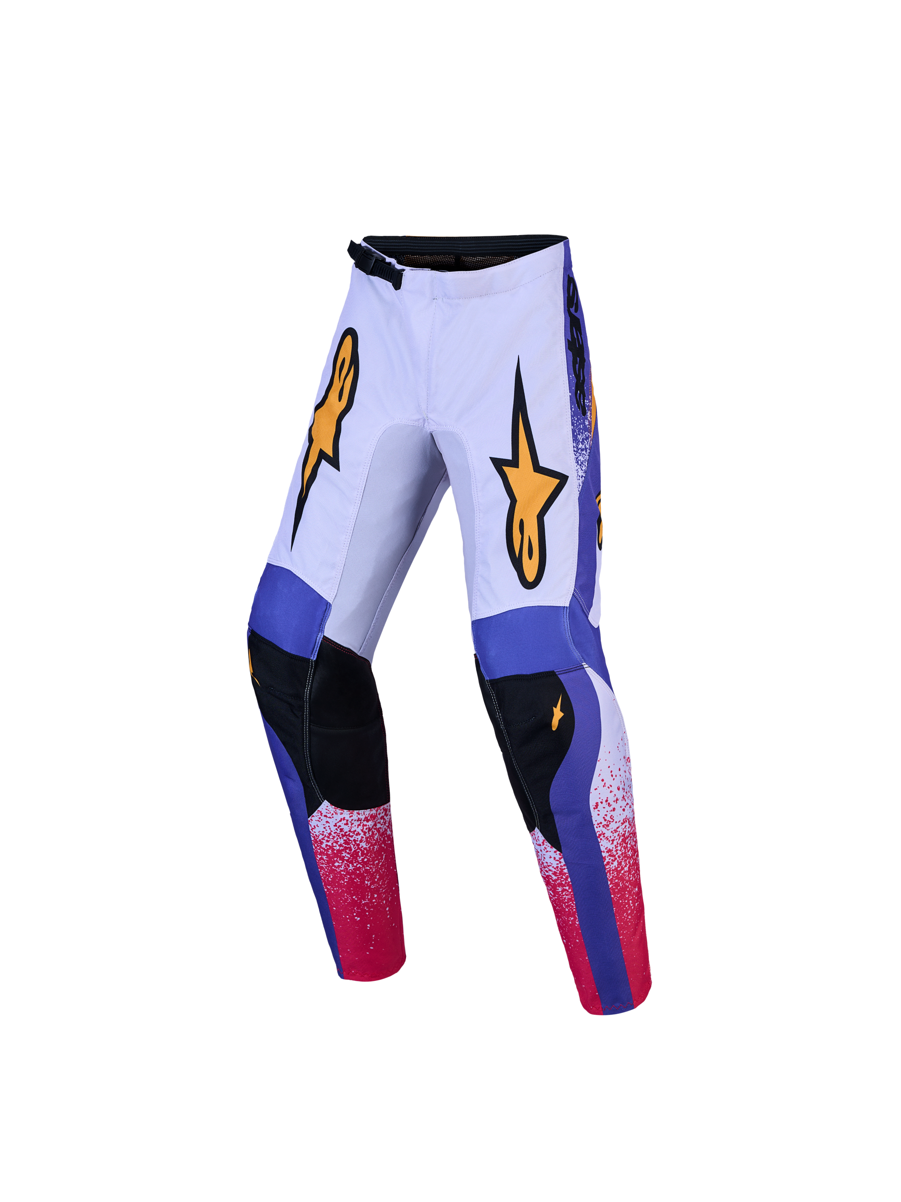 Alpinestars calças Fluid Drag Jovem, calças de motocross para jovens, lilás e azul, construção durável em polifabric 600D com reforços pretos nos joelhos e detalhes vermelhos.
