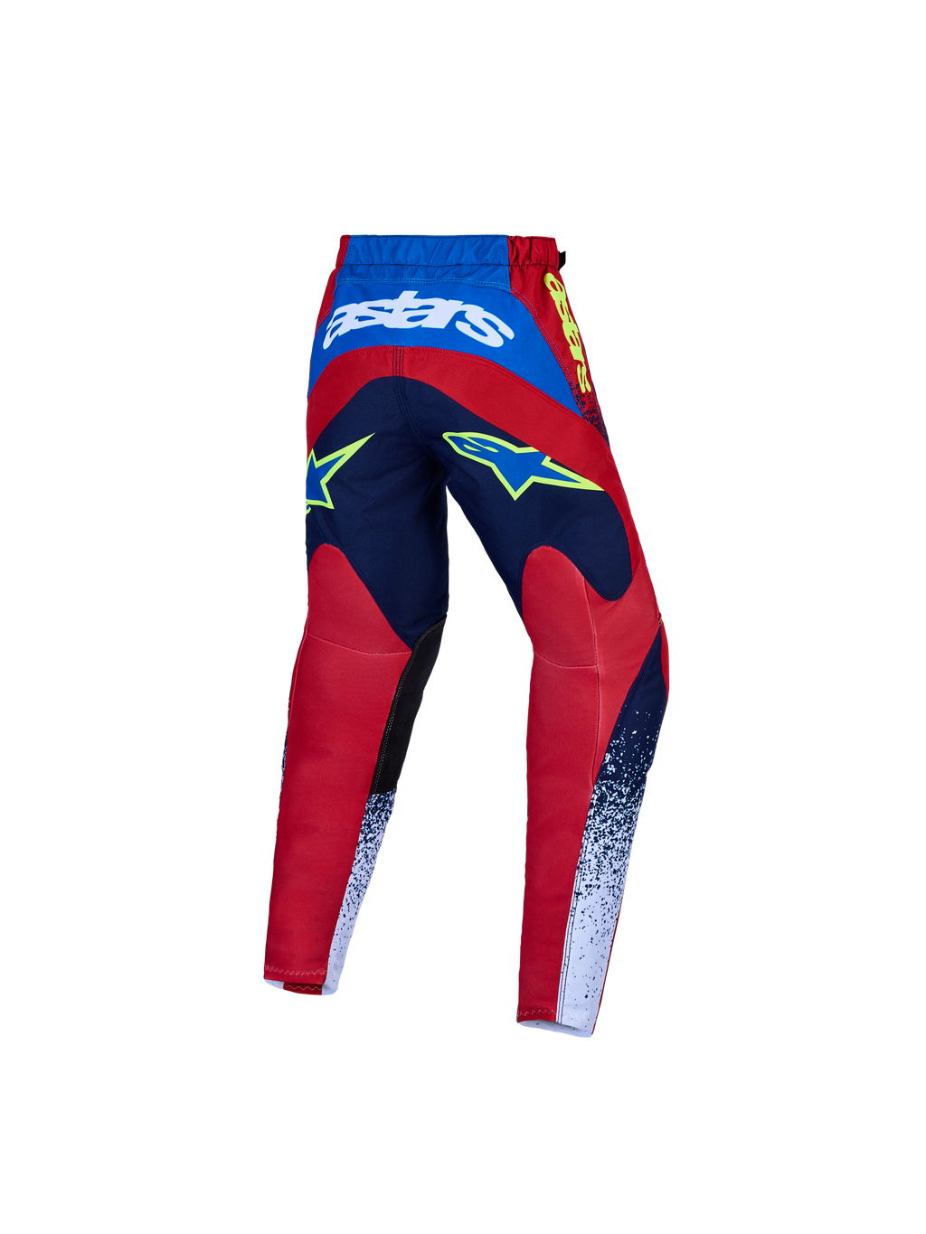 Alpinestars Calças Fluid Drag Jovem, calças de motocross para crianças, azul, vermelho e branco, vista traseira com construção têxtil durável.