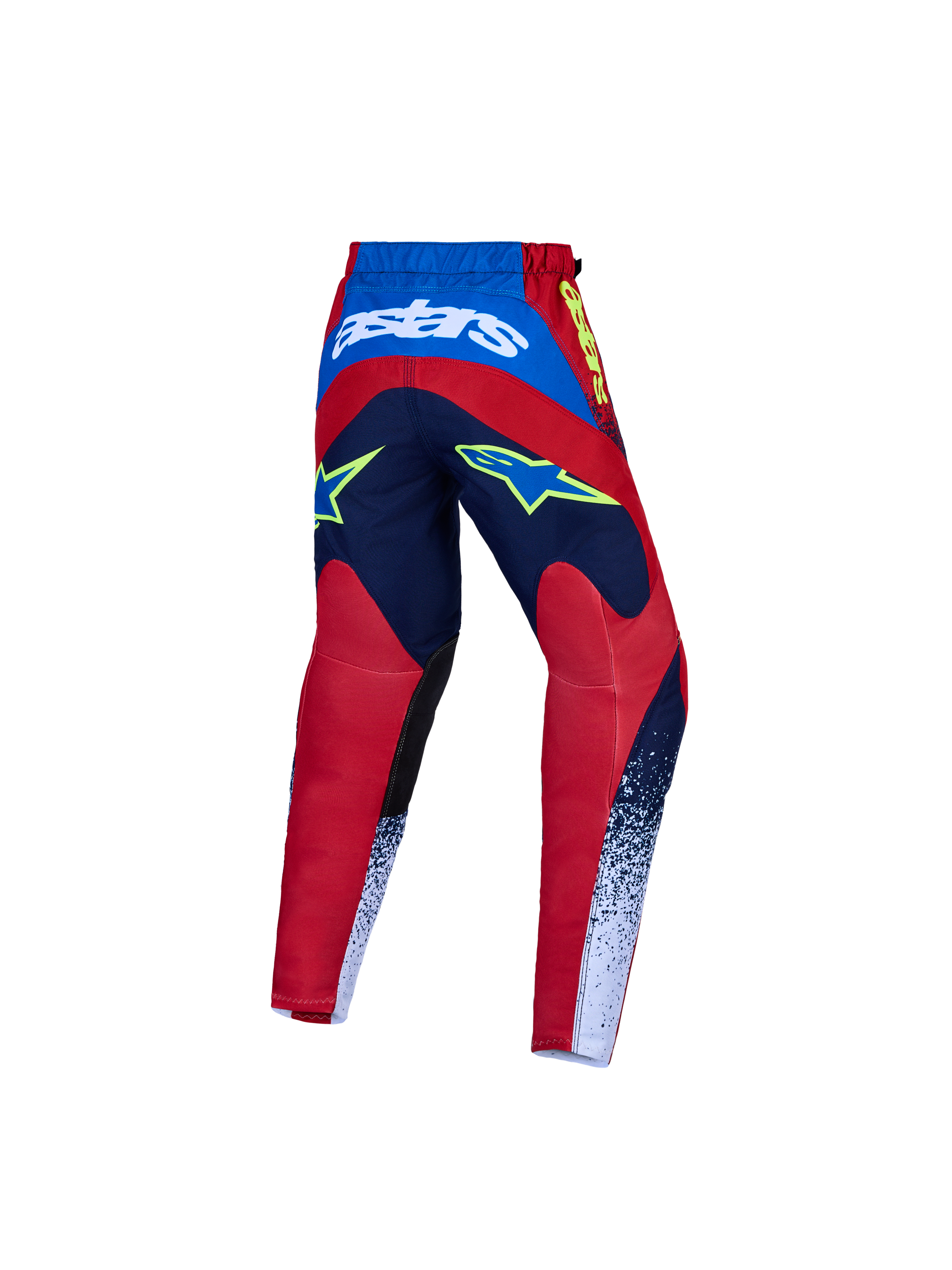 Alpinestars Calças Fluid Drag Jovem, calças de motocross para crianças, azul, vermelho e branco, vista traseira com construção têxtil durável.
