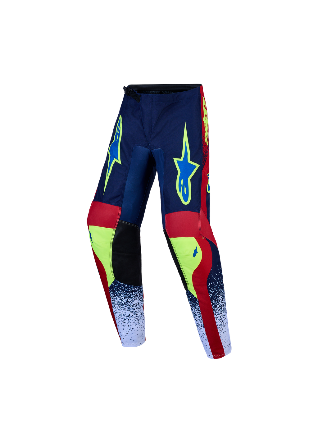 Alpinestars calças Fluid Drag Jovem, calças de motocross azul-marinho e vermelho, com design pré-curvado e durável.