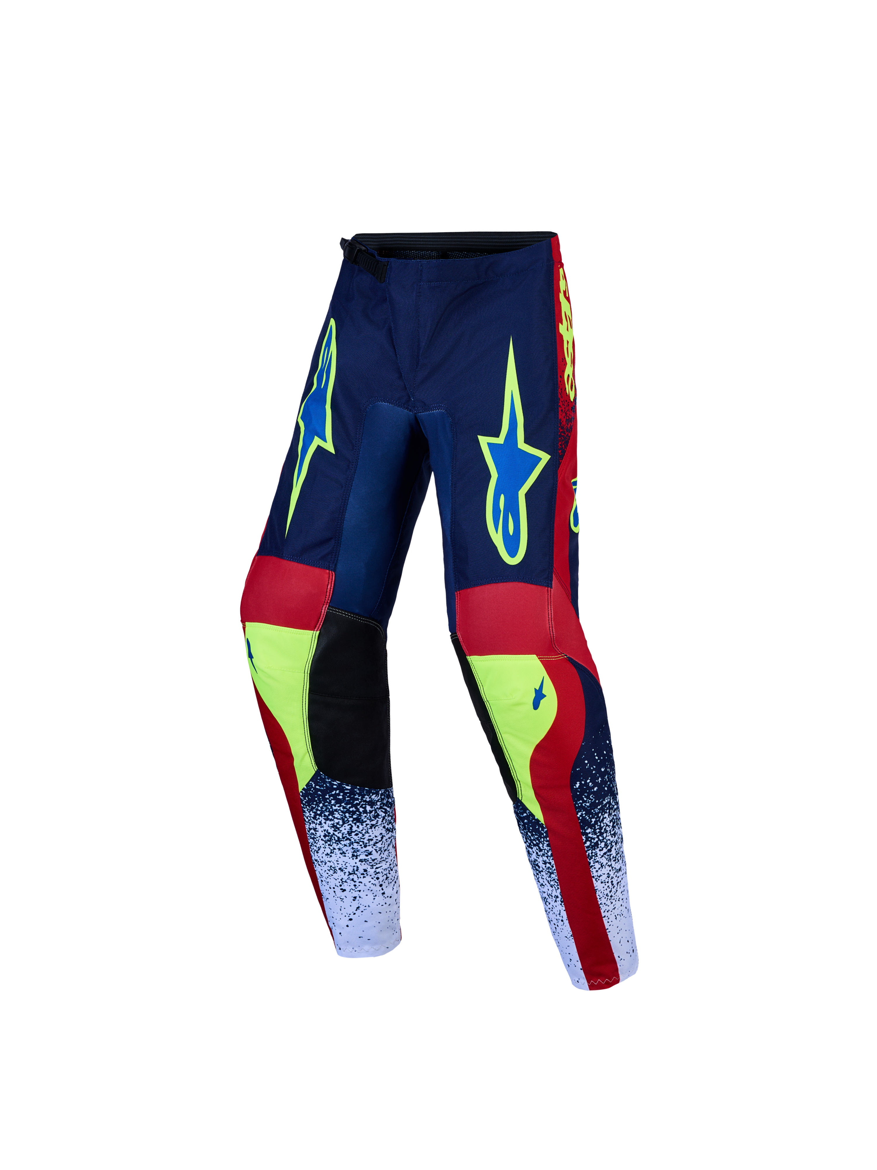 Alpinestars calças Fluid Drag Jovem, calças de motocross azul-marinho e vermelho, com design pré-curvado e durável.