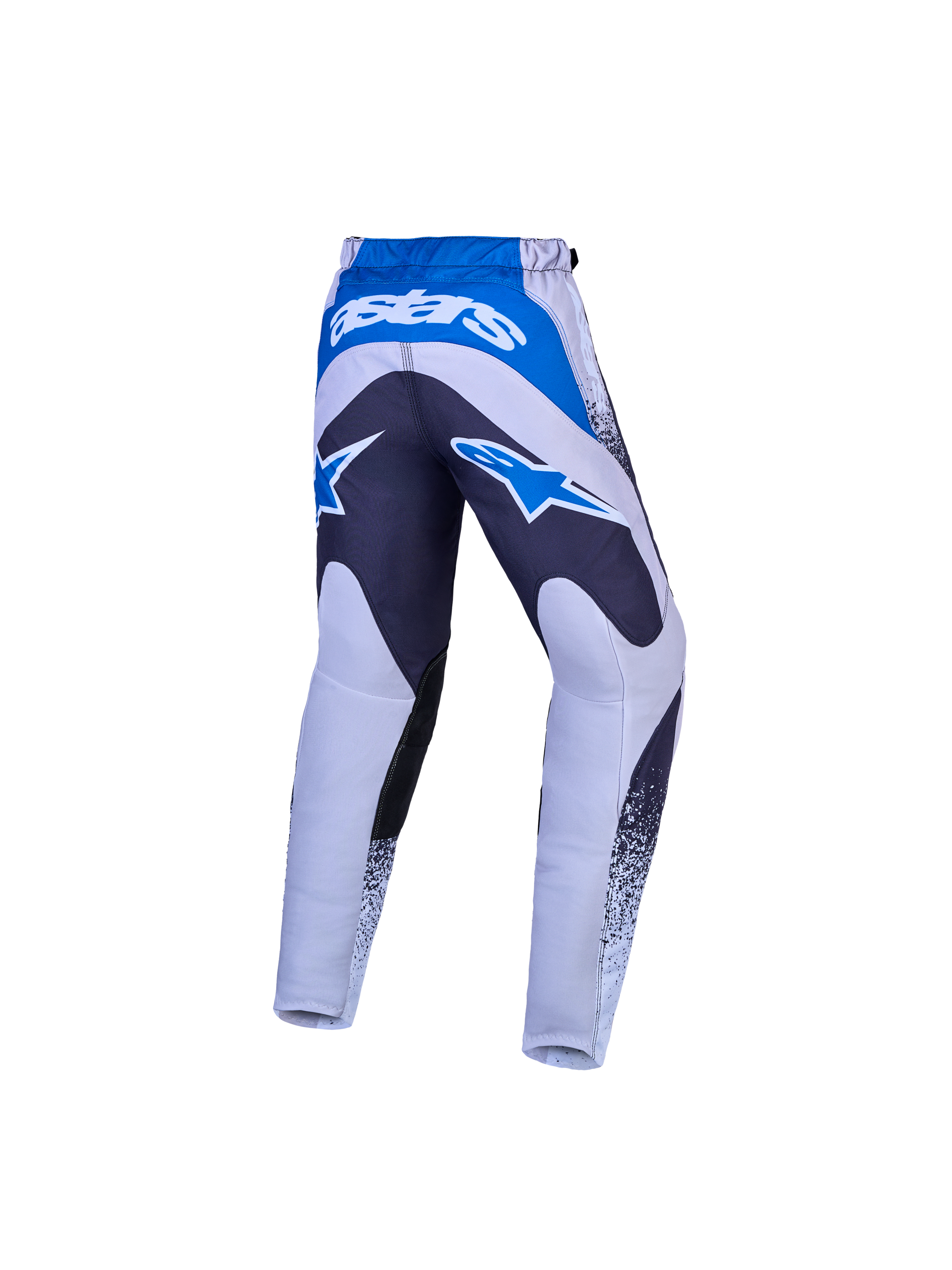 Calças Alpinestars Fluid Drag Jovem, vista traseira, cinzentas e azuis, têxtil de motocross com ajuste ergonómico pré-curvado.