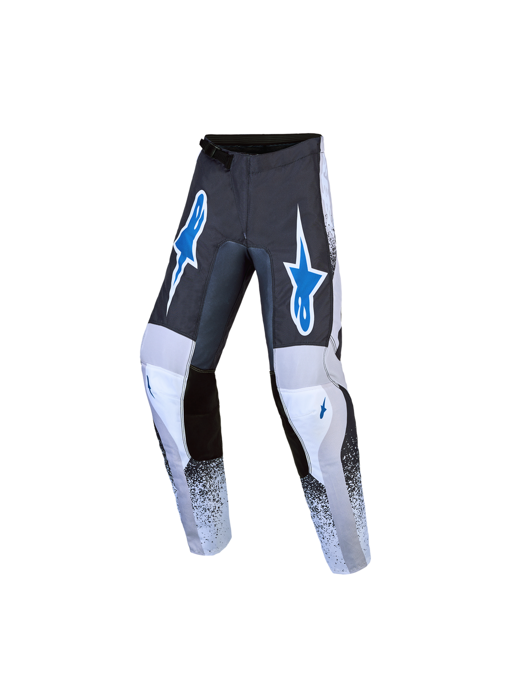 Alpinestars Calças Fluid Drag Juventude 2027, calças de motocross para jovens, cinzentas e azuis, design têxtil pré-curvado.