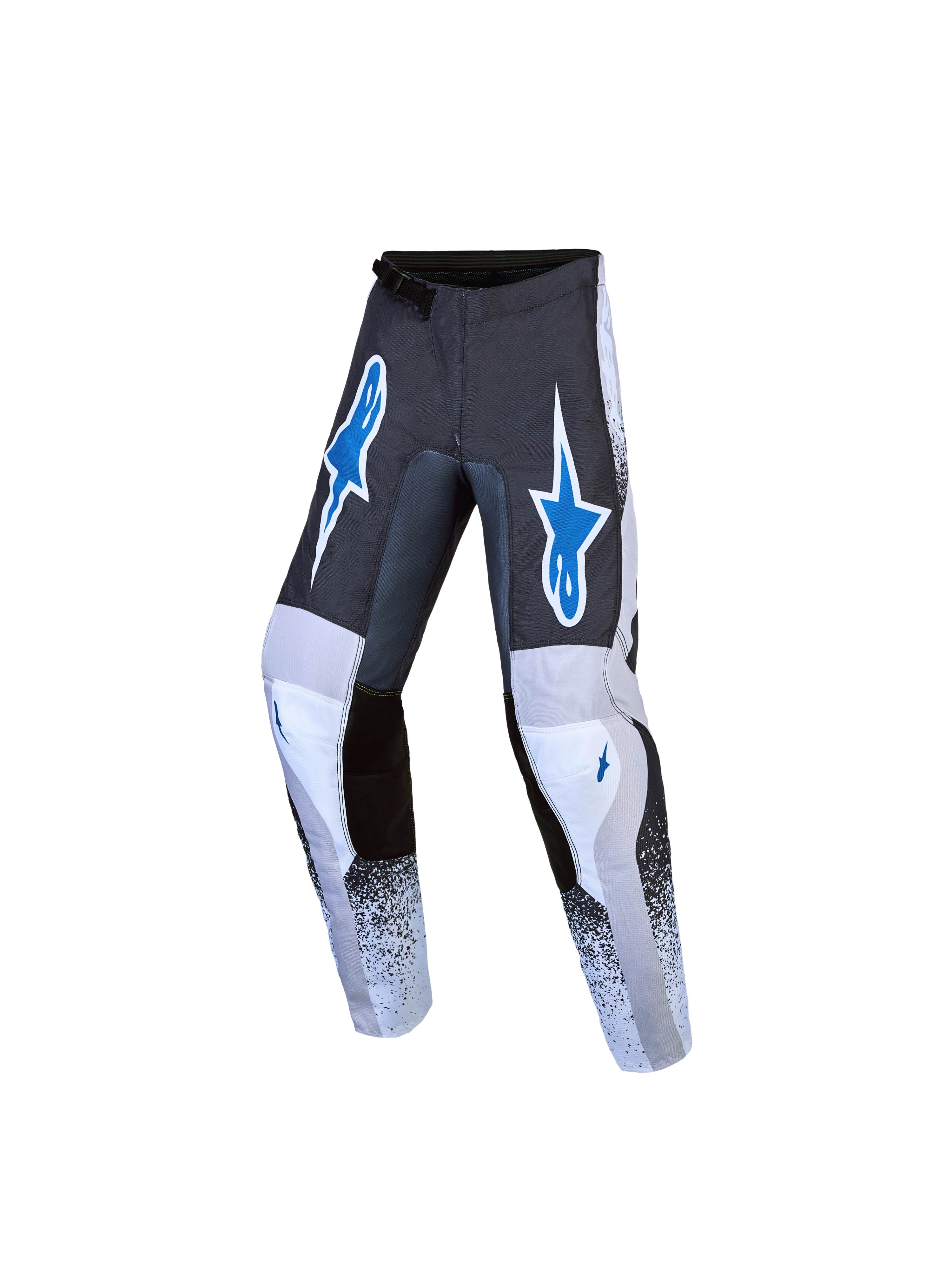 Alpinestars Calças Fluid Drag Juventude 2027, calças de motocross para jovens, cinzentas e azuis, design têxtil pré-curvado.