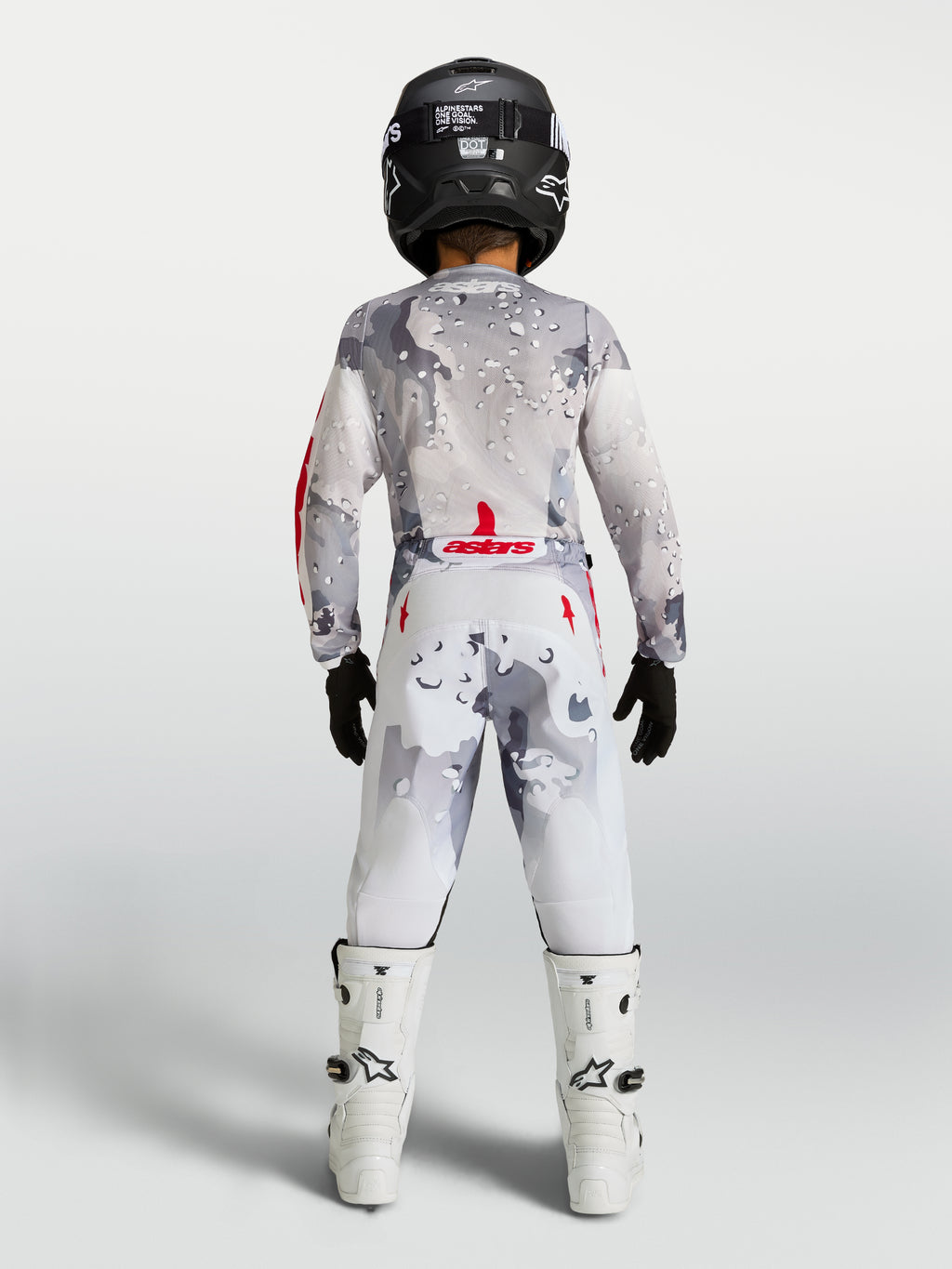 Alpinestars Calças Fluid Lone Juventude, calças de motocross para jovens em branco e camuflagem cinzenta, vista traseira.