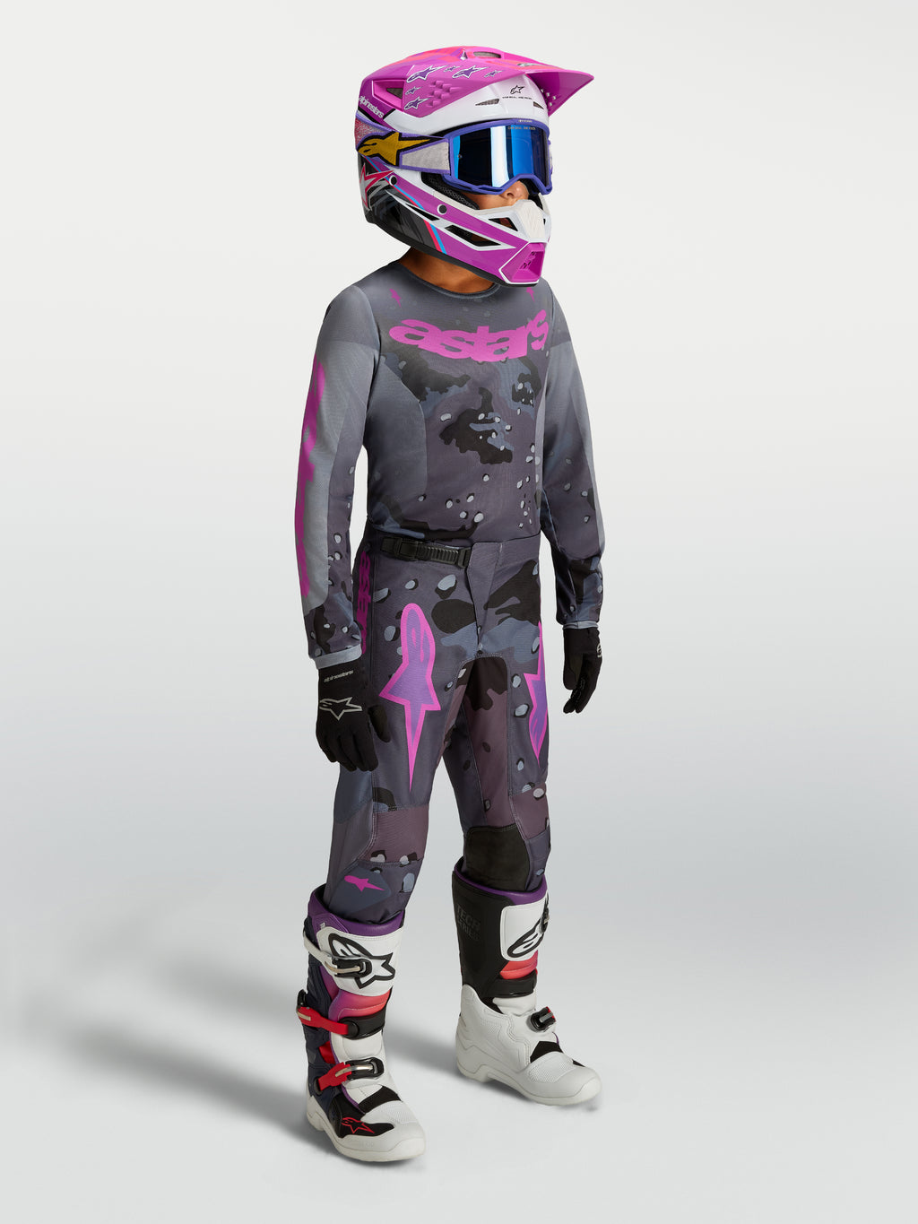 Alpinestars calças Fluid Lone Juventude, equipamento de motocross para jovem, cinzento camuflado e roxo.