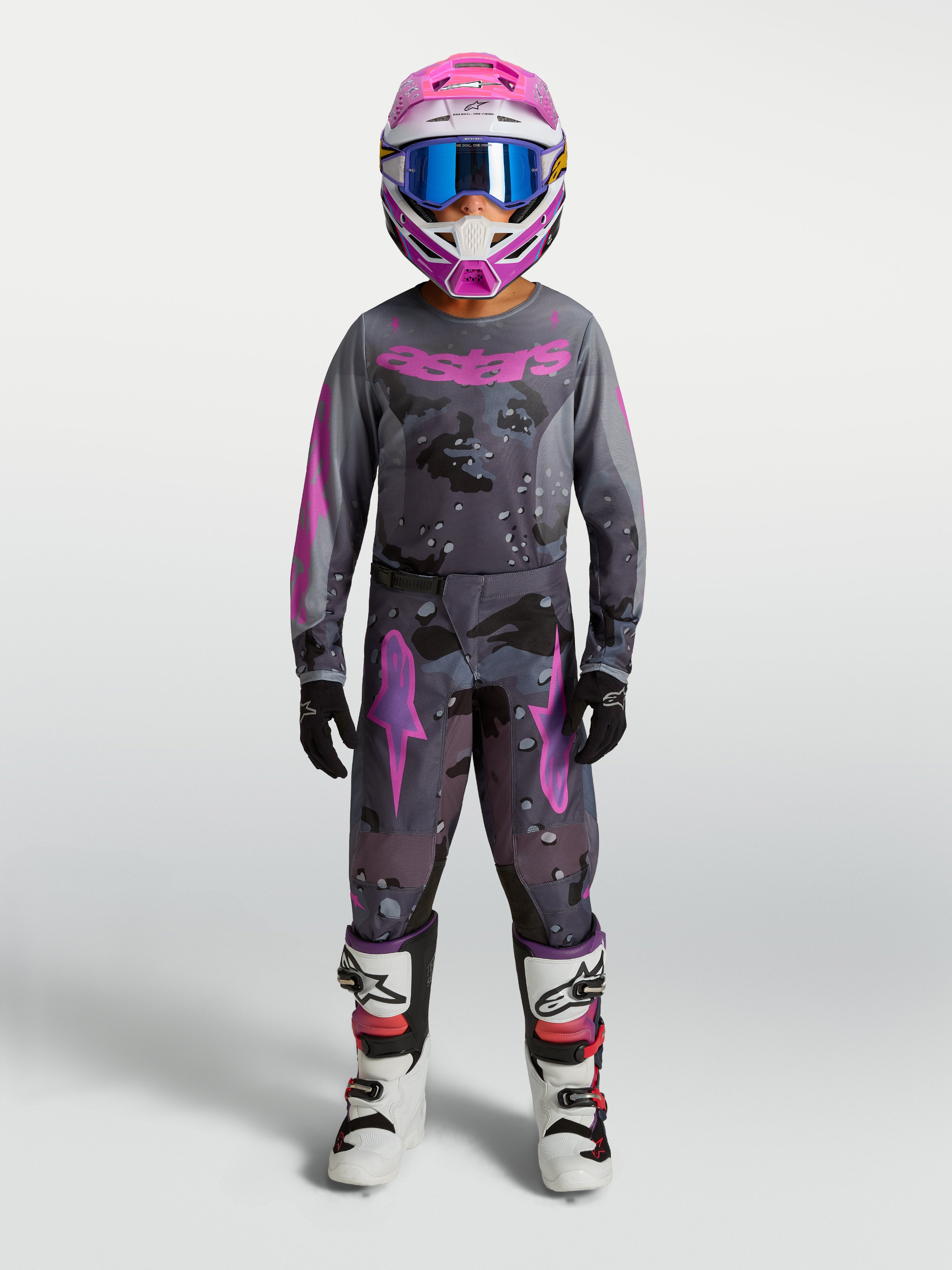 Alpinestars 2027 Youth Fluid Lone Jersey, Youth Motocross Gear in Gray Camo Purple, featuring moisture-wicking textile fabric.