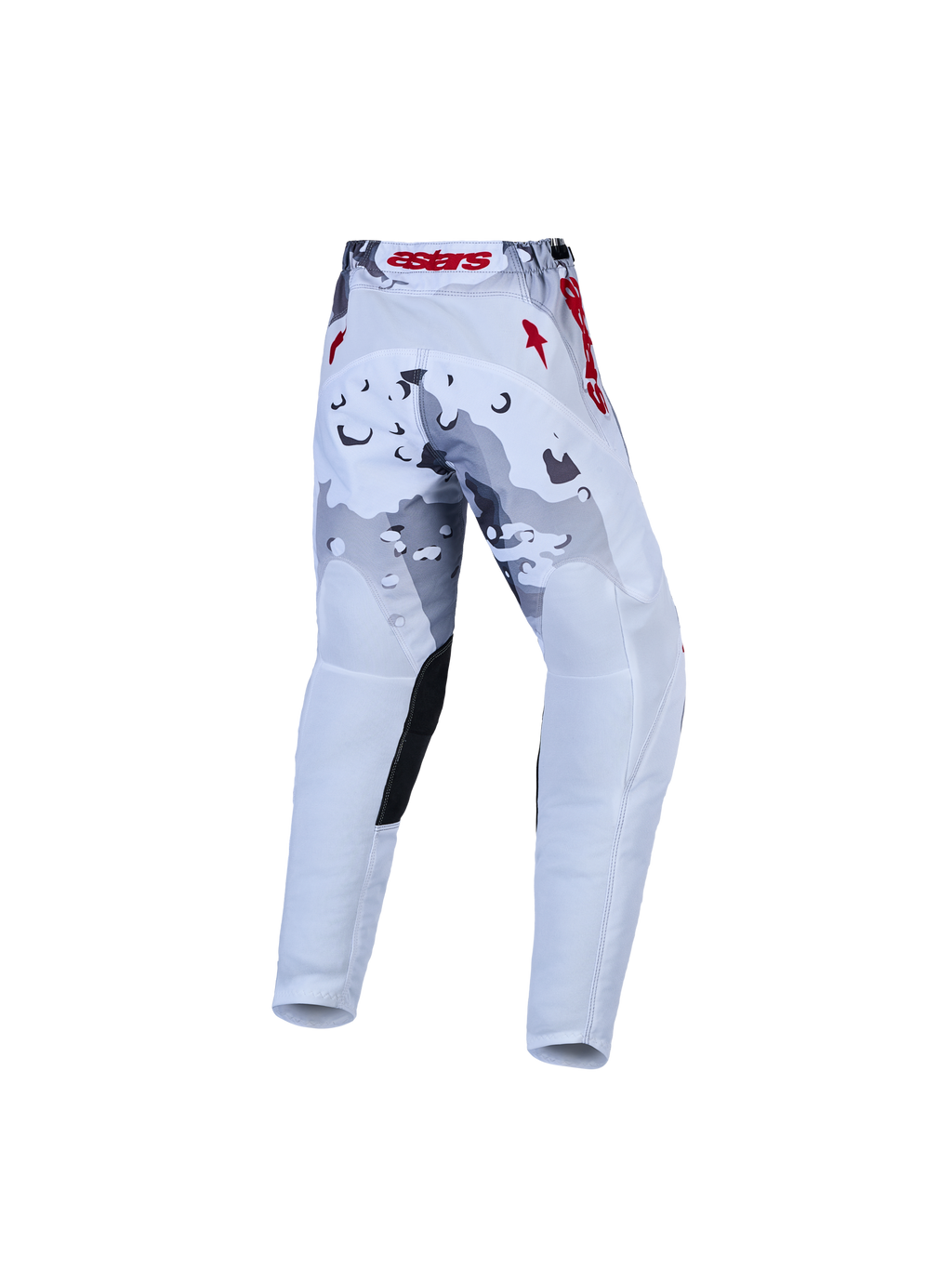 Alpinestars calças Fluid Lone juventude, calças de motocross em camuflado cinzento e branco com pormenores vermelhos.
