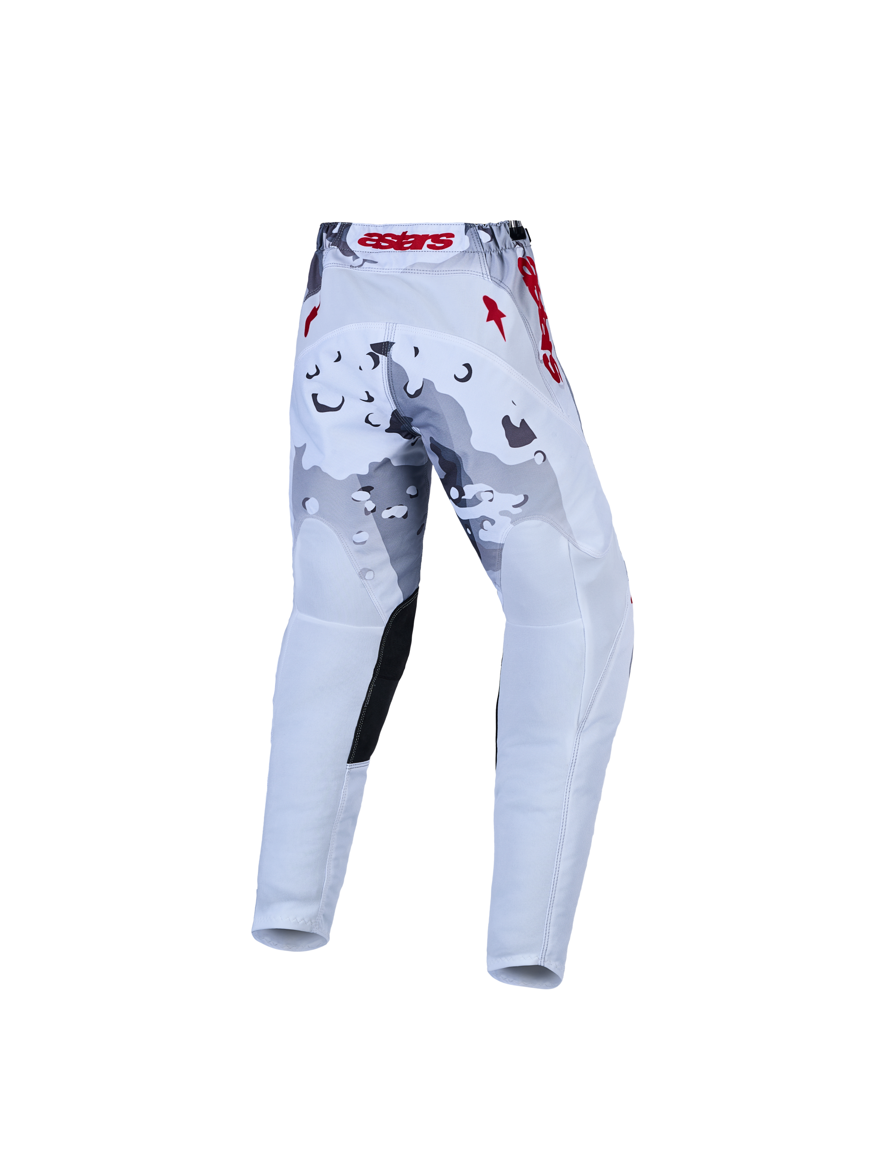 Alpinestars calças Fluid Lone juventude, calças de motocross em camuflado cinzento e branco com pormenores vermelhos.