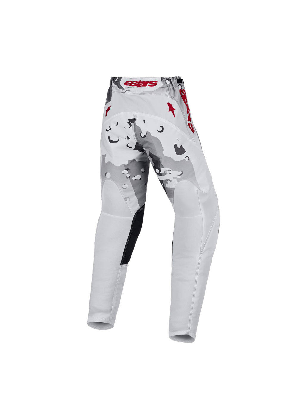 Alpinestars calças Fluid Lone juventude 2027, camuflado cinzento e branco, detalhes vermelhos, vista traseira, motocross.