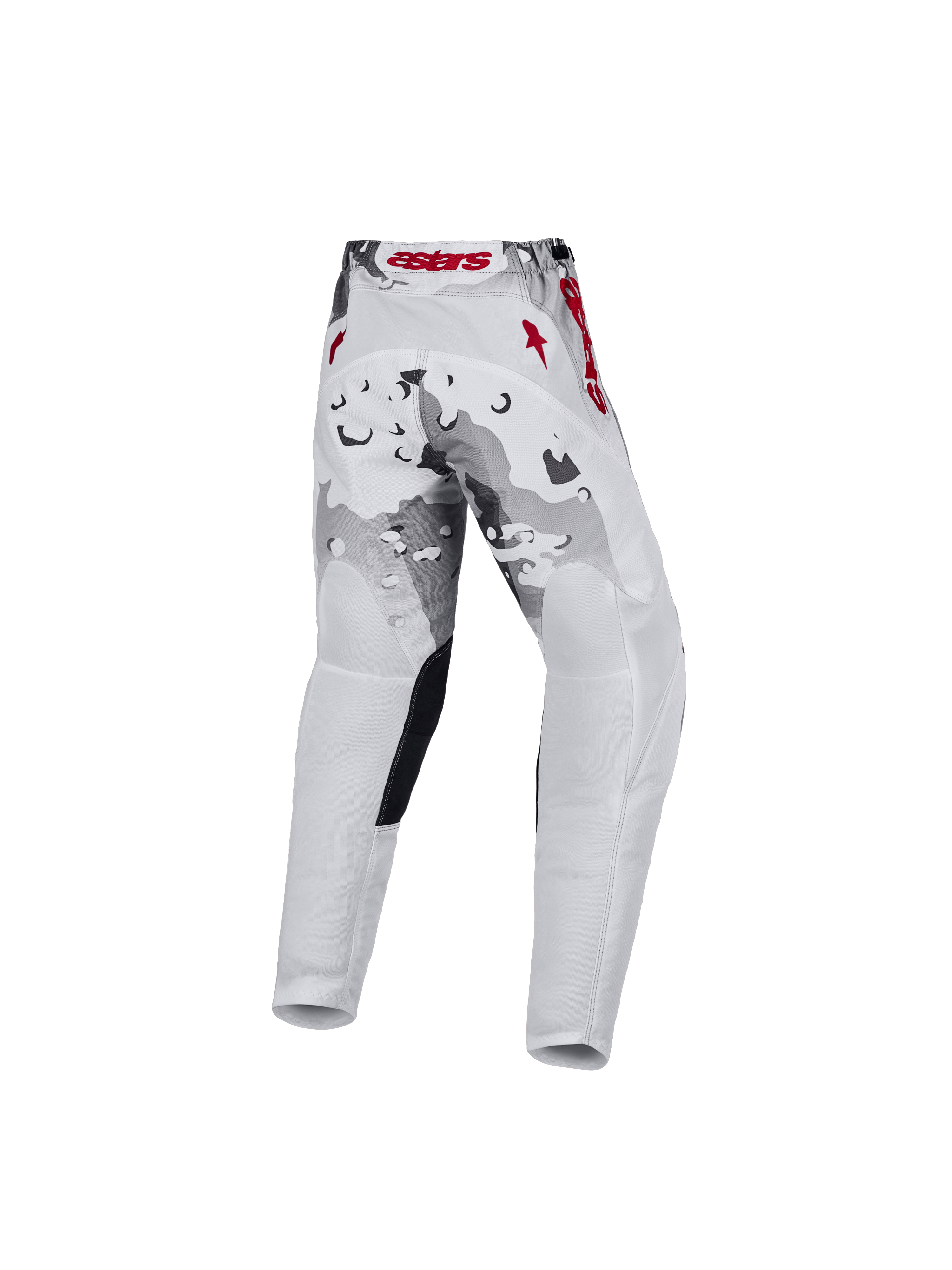 Alpinestars calças Fluid Lone juventude 2027, camuflado cinzento e branco, detalhes vermelhos, vista traseira, motocross.