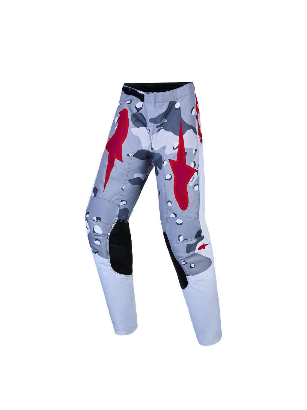 Alpinestars Youth Fluid Lone, calças de motocross para juventude, cinzentas camufladas e vermelhas, com joelhos reforçados