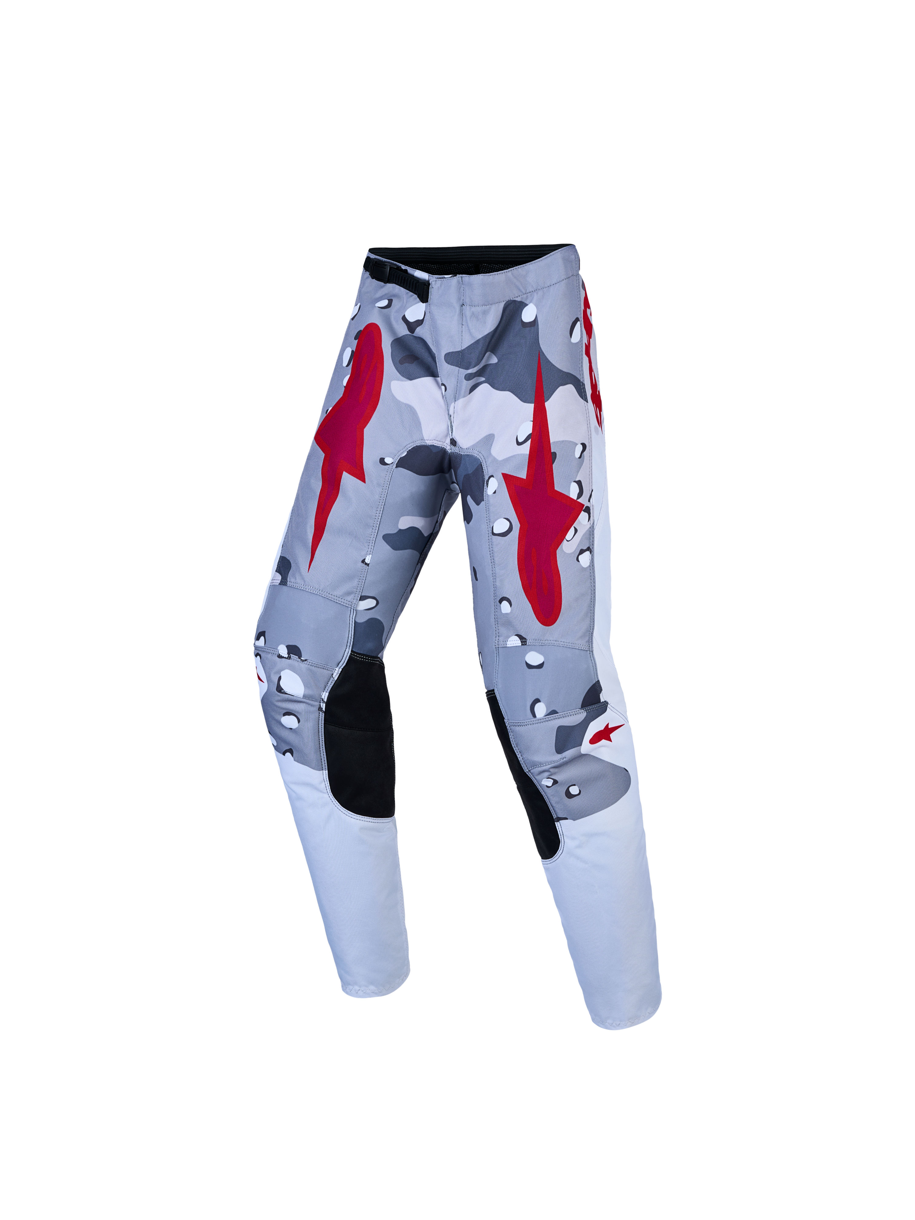 Alpinestars Youth Fluid Lone, calças de motocross para juventude, cinzentas camufladas e vermelhas, com joelhos reforçados