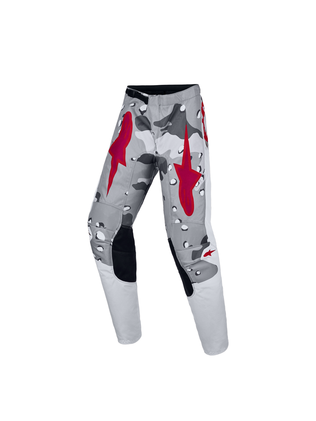 Alpinestars Calças Fluid Lone Juventude, calças de motocross cinzentas com padrão de camuflagem e vermelho, ajuste ergonómico para condução off-road.