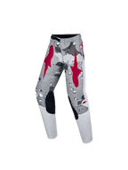 Alpinestars Calças Fluid Lone Juventude, calças de motocross cinzentas com padrão de camuflagem e vermelho, ajuste ergonómico para condução off-road.