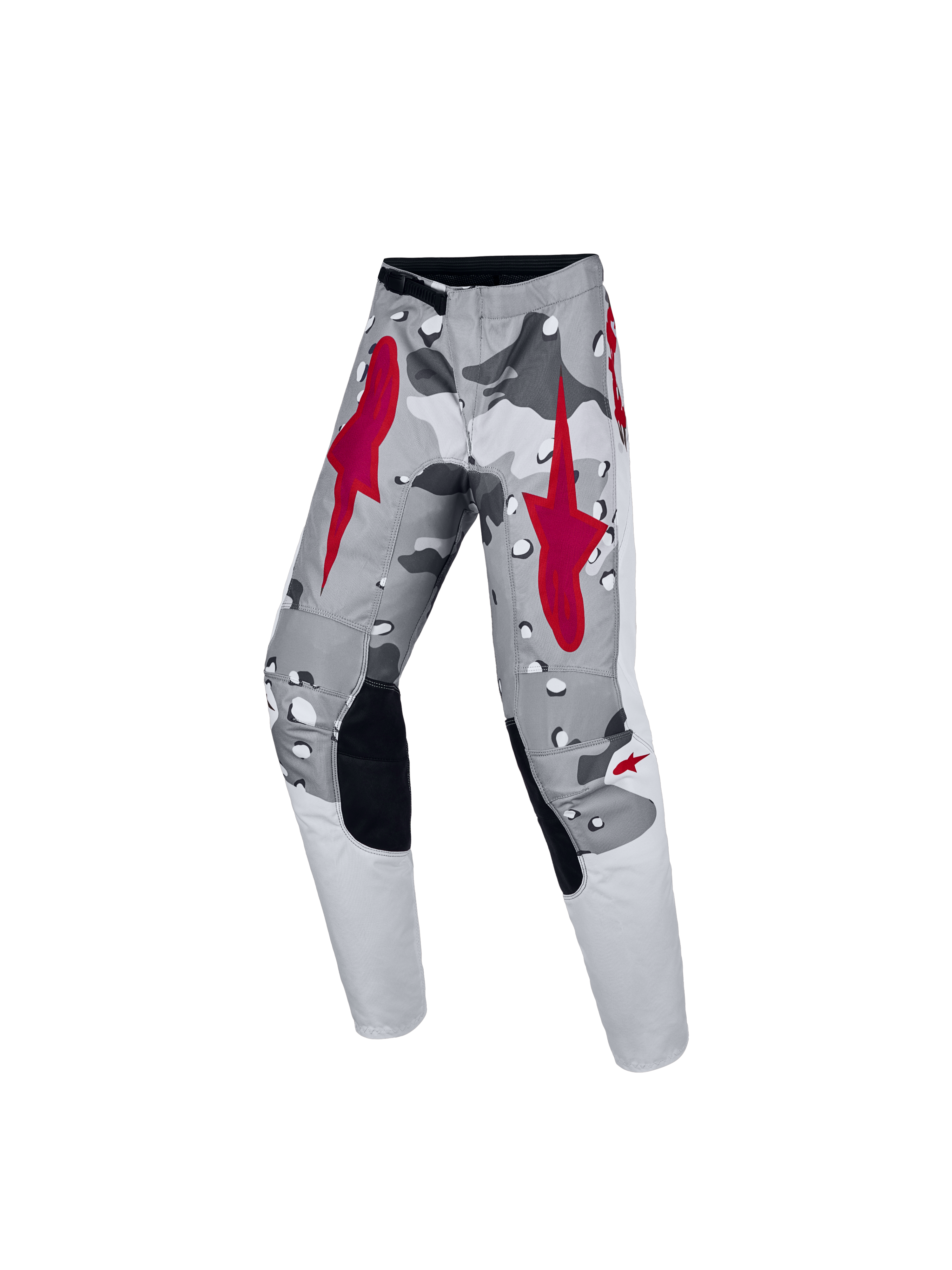 Alpinestars Calças Fluid Lone Juventude, calças de motocross cinzentas com padrão de camuflagem e vermelho, ajuste ergonómico para condução off-road.