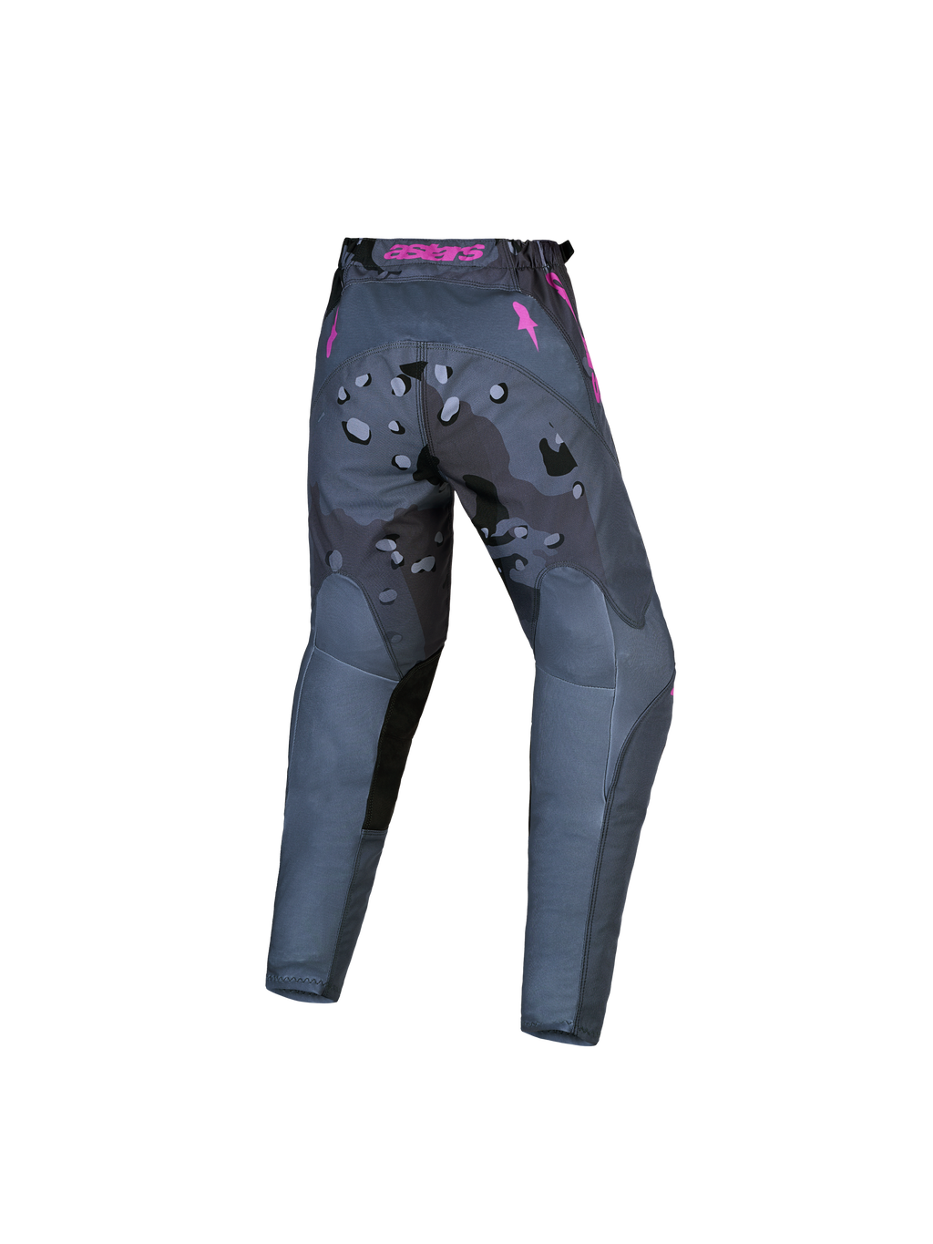 Calças Alpinestars Fluid Lone Juventude 2027, calças de motocross, cinzento camuflado e roxo, vista traseira, construção em polifabric 600D durável.