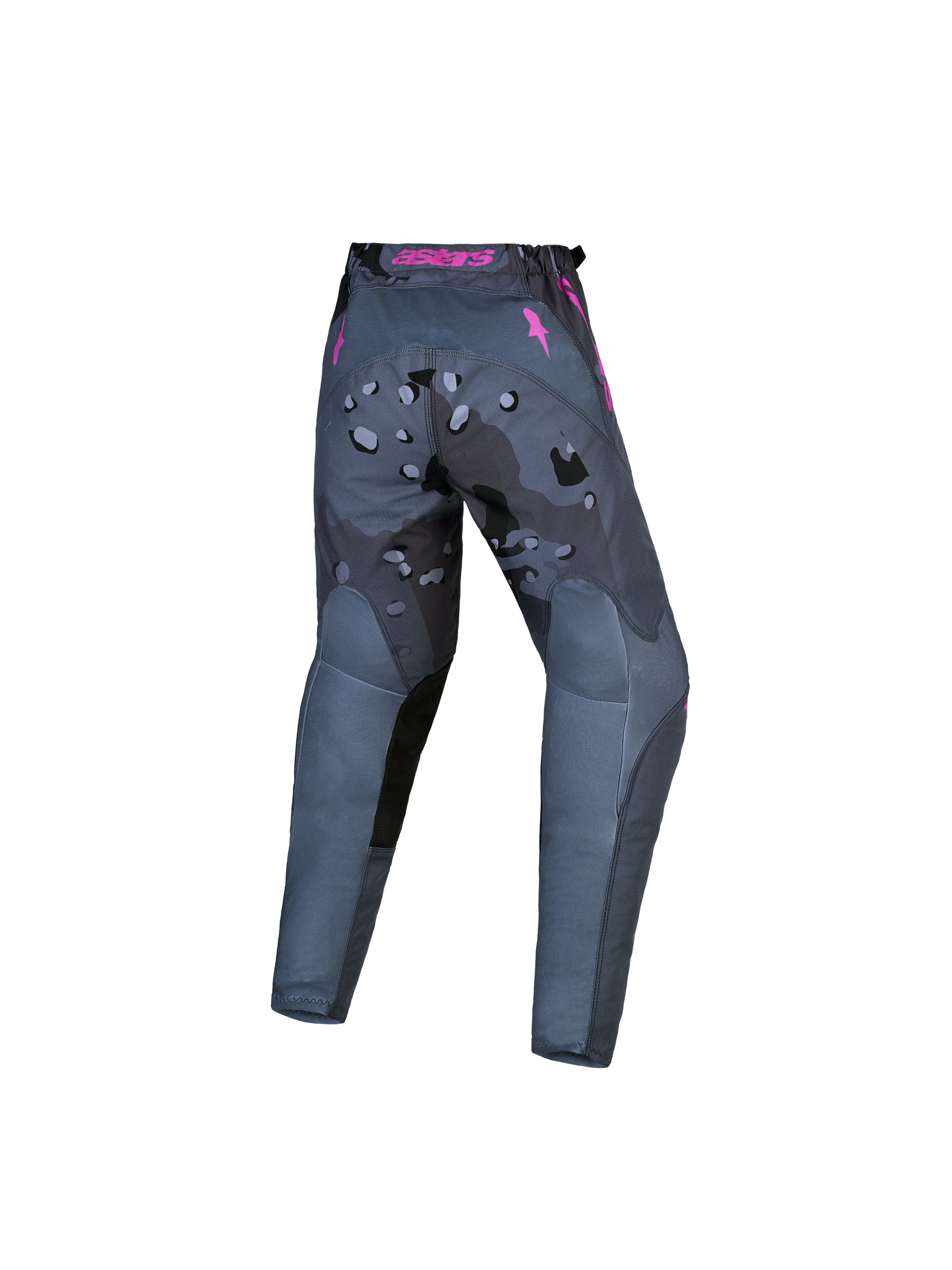 Calças Alpinestars Fluid Lone Juventude 2027, calças de motocross, cinzento camuflado e roxo, vista traseira, construção em polifabric 600D durável.