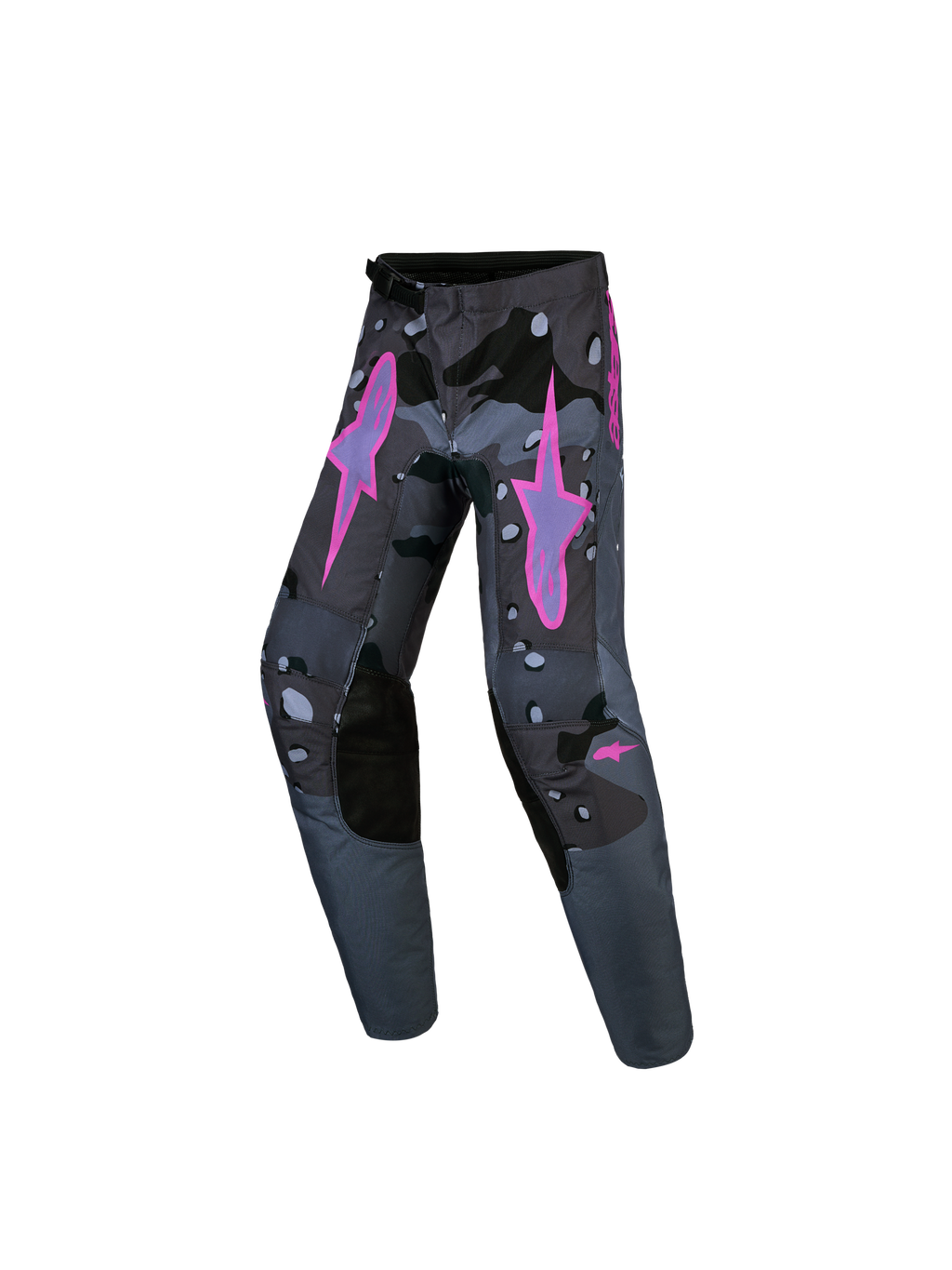 Calças Alpinestars Fluid Lone Juventude, calças de motocross e off-road, cinzento camuflado e roxo, em polifabric durável.