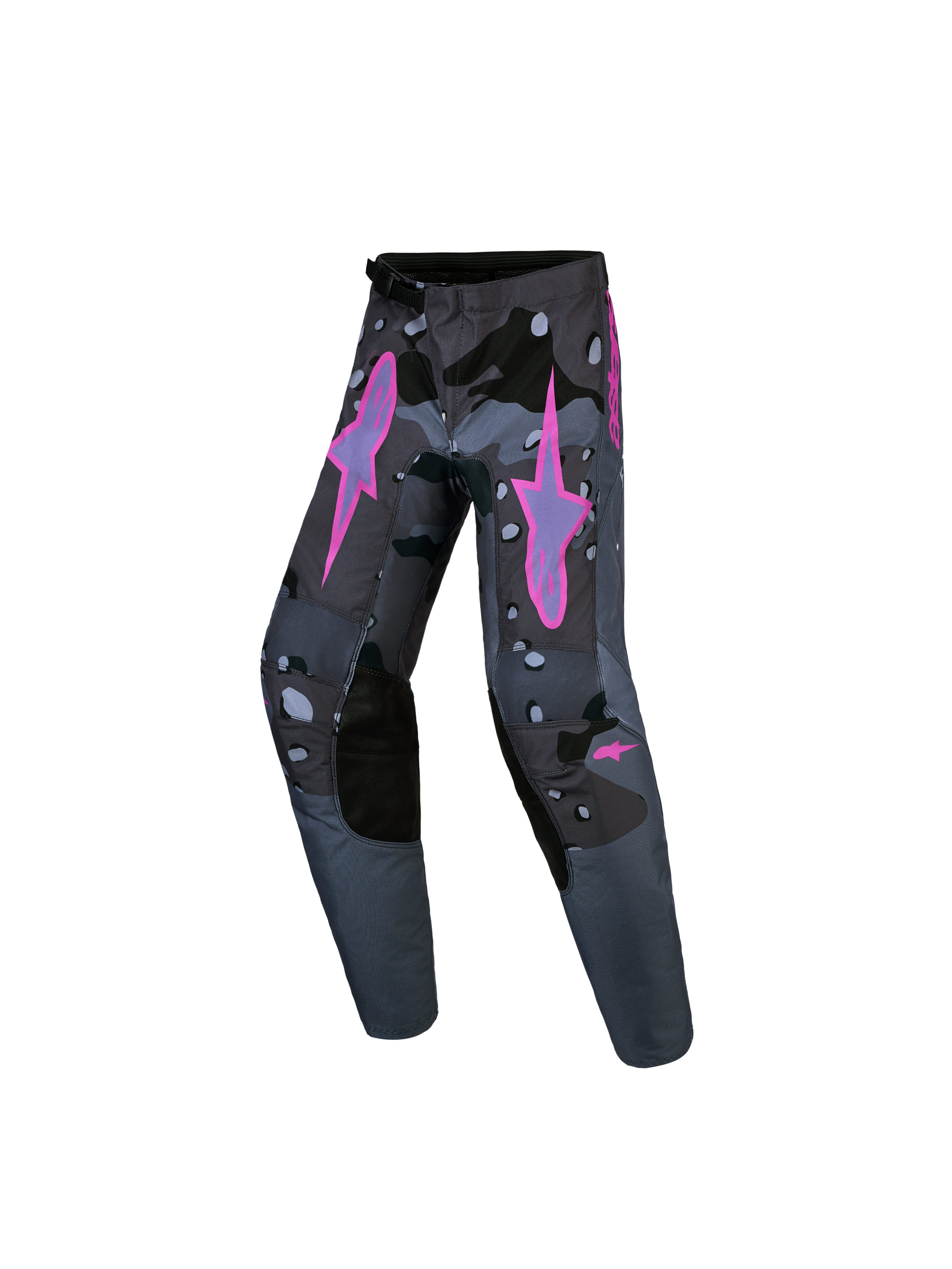 Calças Alpinestars Fluid Lone Juventude, calças de motocross e off-road, cinzento camuflado e roxo, em polifabric durável.