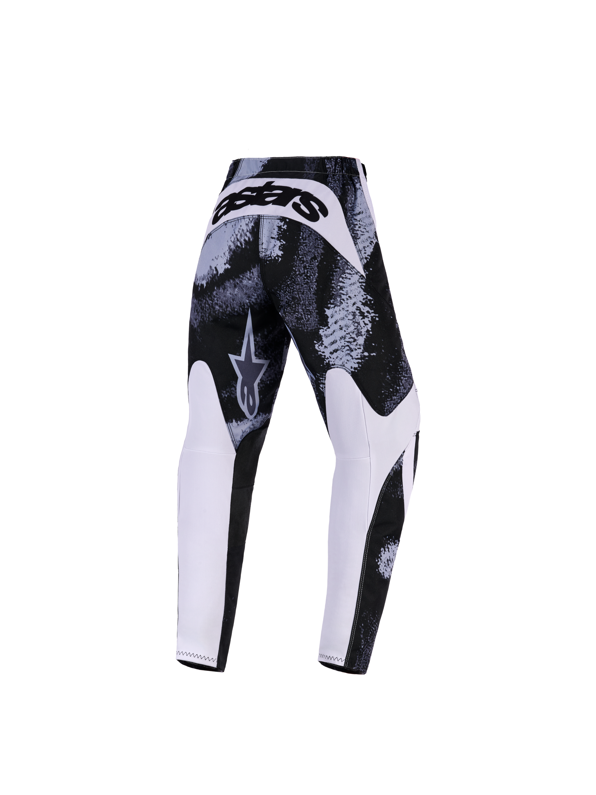 Alpinestars 2026 Youth Fluid Lahnd Pants, calças de motocross, Iron Camo, vista traseira com padrão abstrato em preto e branco, painéis brancos no interior das pernas e a marca 'astars' em destaque na pala traseira, equipamento de off-road durável para jovens pilotos