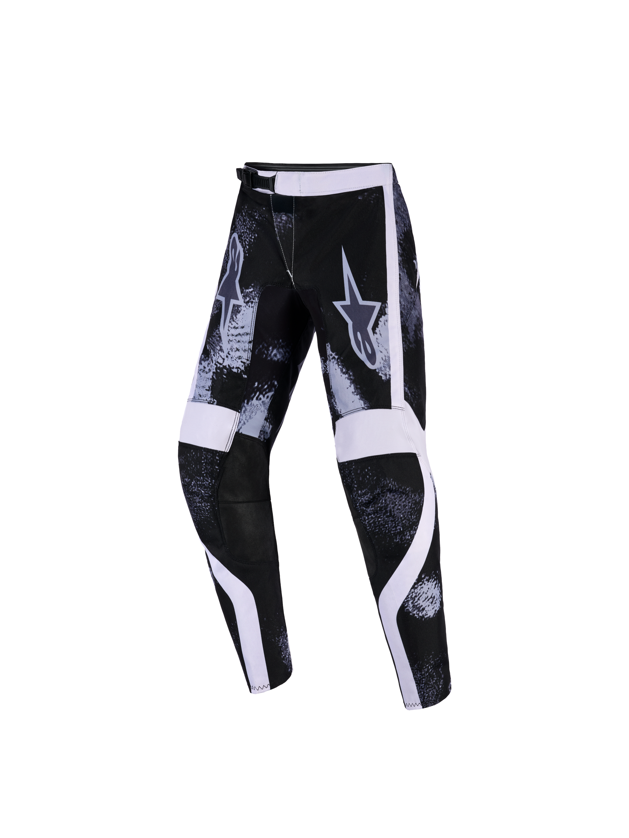 Alpinestars 2026 Youth Fluid Lahnd Pants, calças de motocross, Iron Camo com detalhes em preto e branco, com um padrão de camuflagem, painéis gráficos brancos e joelhos internos reforçados, concebidas para corridas off-road para jovens