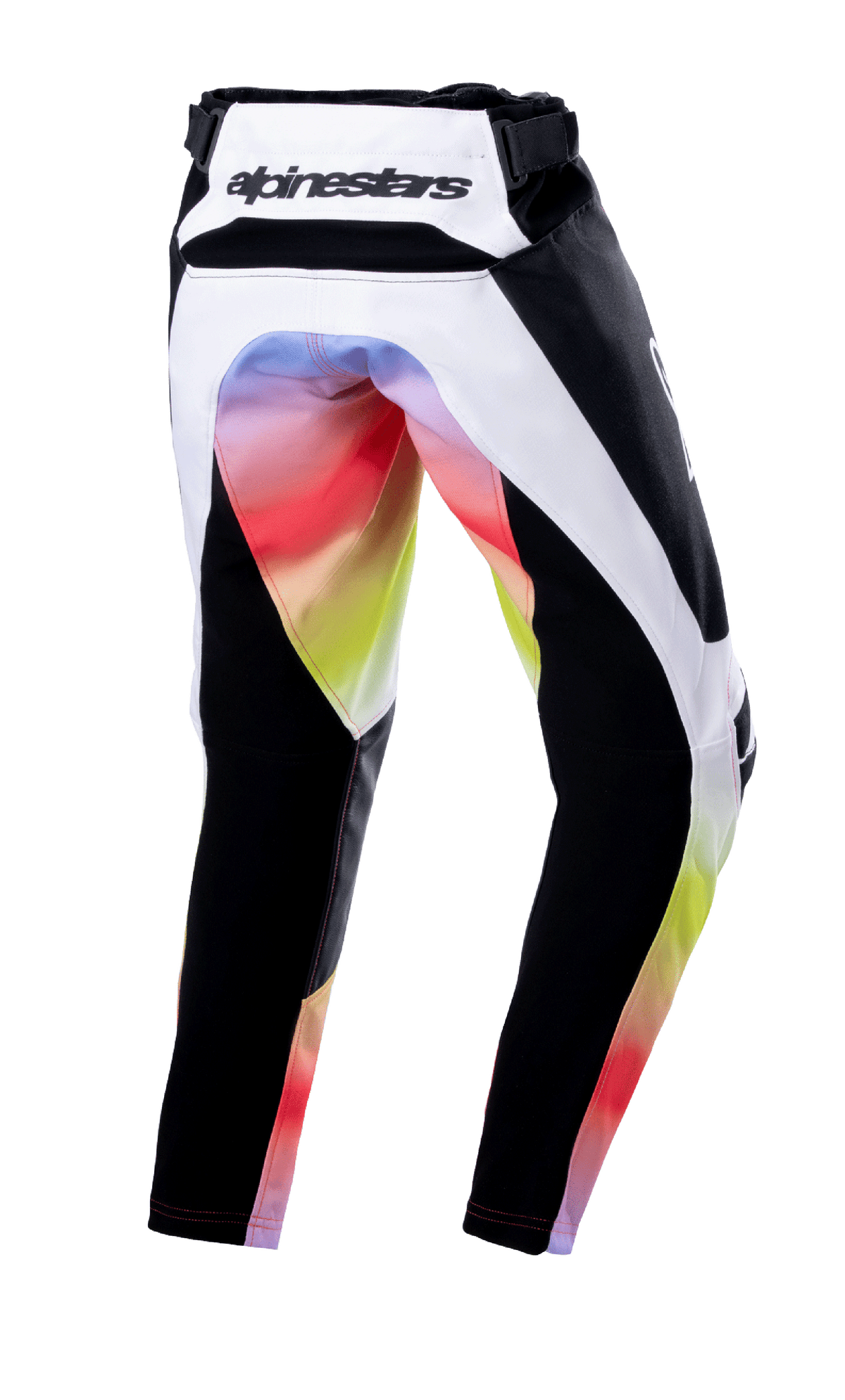 Alpinestars Youth 2023 Racer Semi Pants, calças de motocross, preto multicor, vista traseira com painéis brancos e pretos e um gradiente de cores vibrantes no assento e parte interna das pernas, logótipo Alpinestars no cós traseiro, design resistente para todo-o-terreno