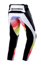 Alpinestars Youth 2023 Racer Semi Pants, calças de motocross, preto multicor, vista traseira com painéis brancos e pretos e um gradiente de cores vibrantes no assento e parte interna das pernas, logótipo Alpinestars no cós traseiro, design resistente para todo-o-terreno