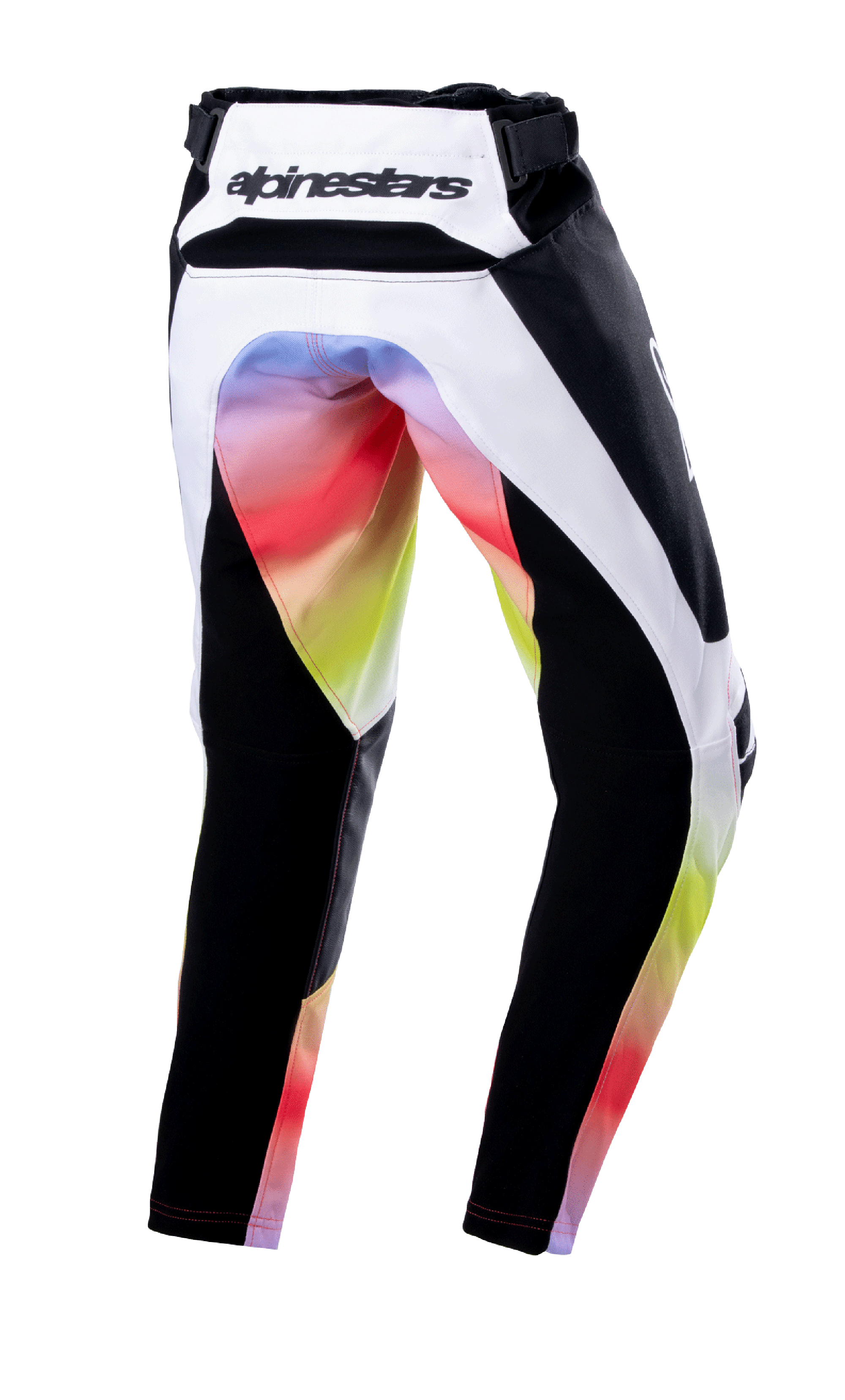 Alpinestars Youth 2023 Racer Semi Pants, calças de motocross, preto multicor, vista traseira com painéis brancos e pretos e um gradiente de cores vibrantes no assento e parte interna das pernas, logótipo Alpinestars no cós traseiro, design resistente para todo-o-terreno