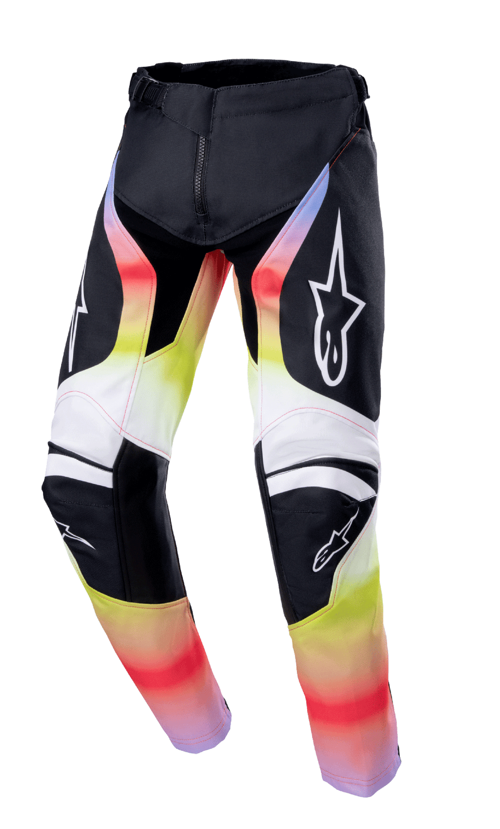 Alpinestars 2023 Youth Racer Semi Pants, calças de motocross, pretas com gradiente vermelho, amarelo e branco, logótipos de estrela nas coxas e joelhos, design técnico com proteção reforçada nos joelhos