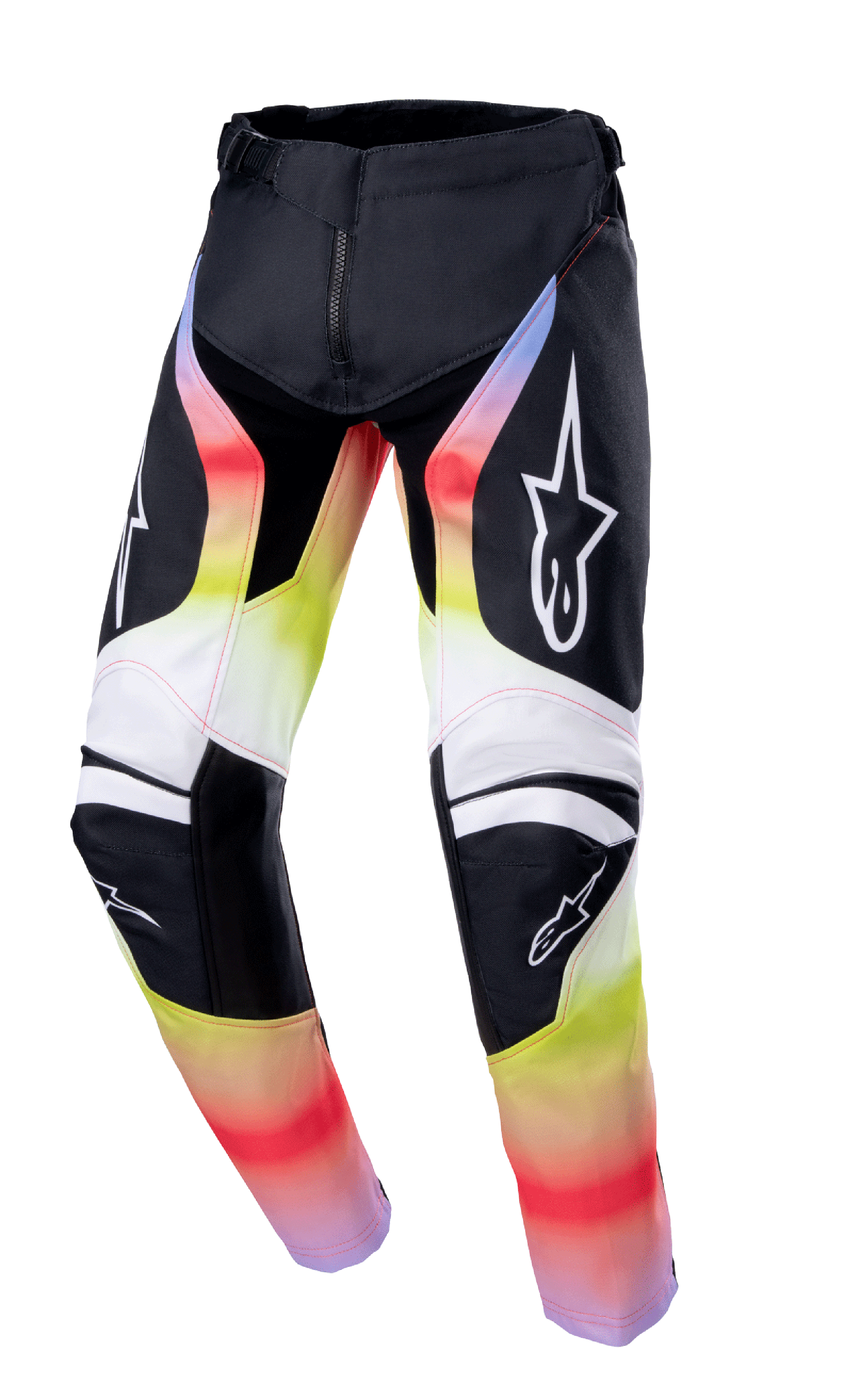 Alpinestars 2023 Youth Racer Semi Pants, calças de motocross, pretas com gradiente vermelho, amarelo e branco, logótipos de estrela nas coxas e joelhos, design técnico com proteção reforçada nos joelhos