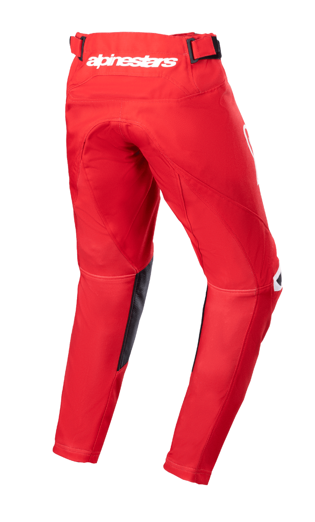 Alpinestars Youth 2023 Racer Narin Pants, calças de motocross, vermelho Mars e branco, vista traseira com logótipo Alpinestars branco na cintura, painéis internos das pernas em couro preto, design ergonómico pré-curvado para condução todo-o-terreno