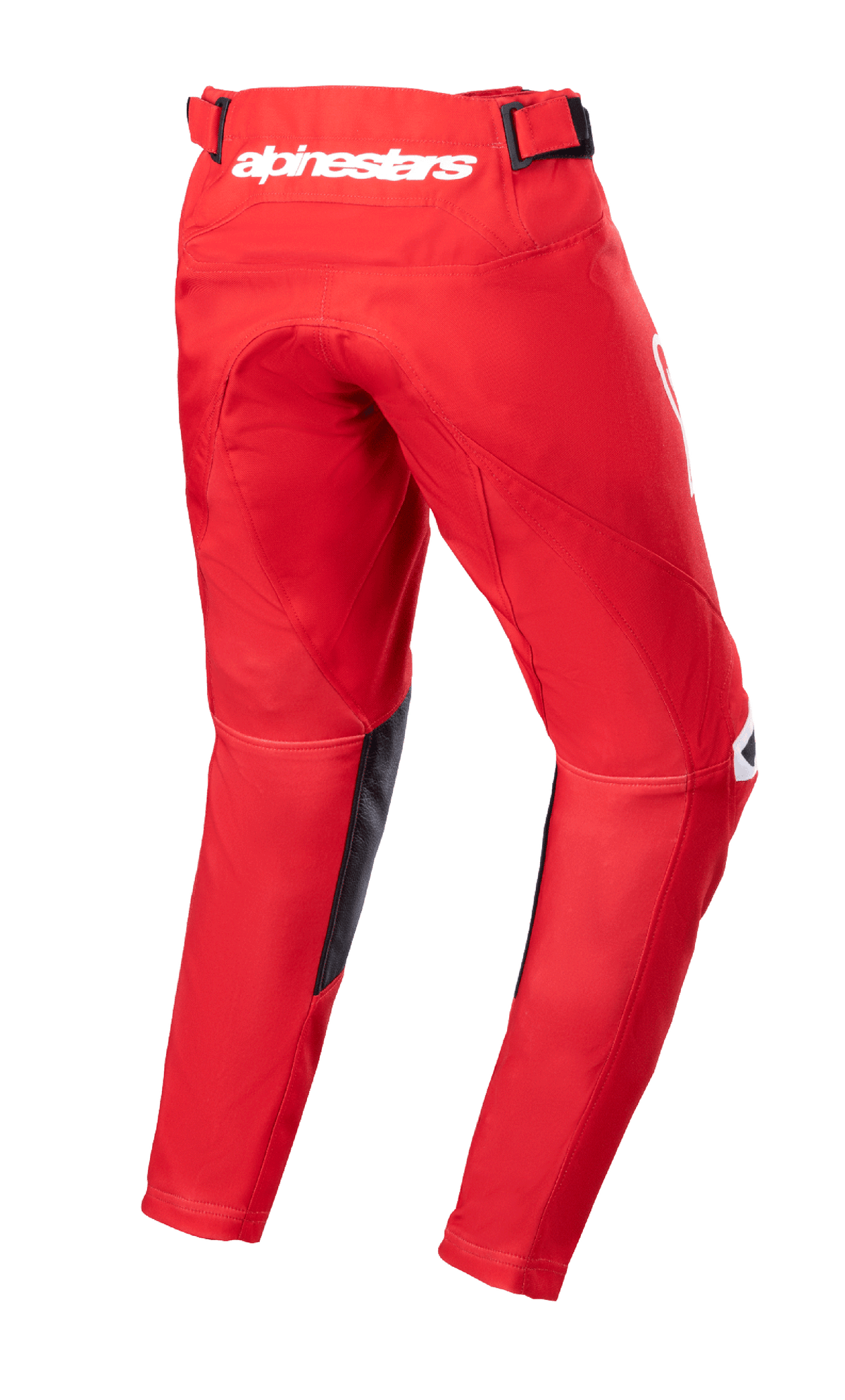 Alpinestars Youth 2023 Racer Narin Pants, calças de motocross, vermelho Mars e branco, vista traseira com logótipo Alpinestars branco na cintura, painéis internos das pernas em couro preto, design ergonómico pré-curvado para condução todo-o-terreno