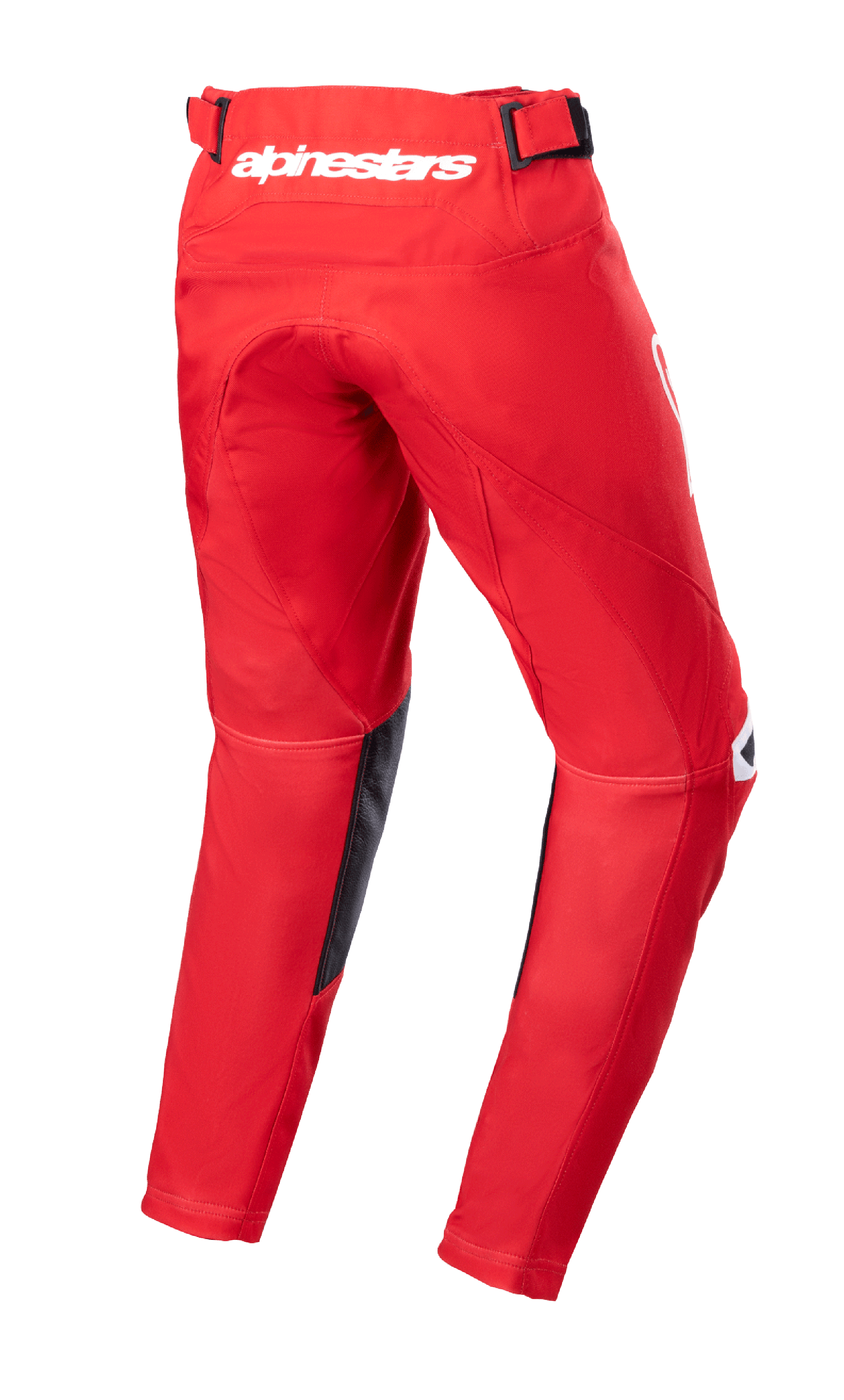 Alpinestars Youth 2023 Racer Narin Pants, calças de motocross, vermelho Mars e branco, vista traseira com logótipo Alpinestars branco na cintura, painéis internos das pernas em couro preto, design ergonómico pré-curvado para condução todo-o-terreno