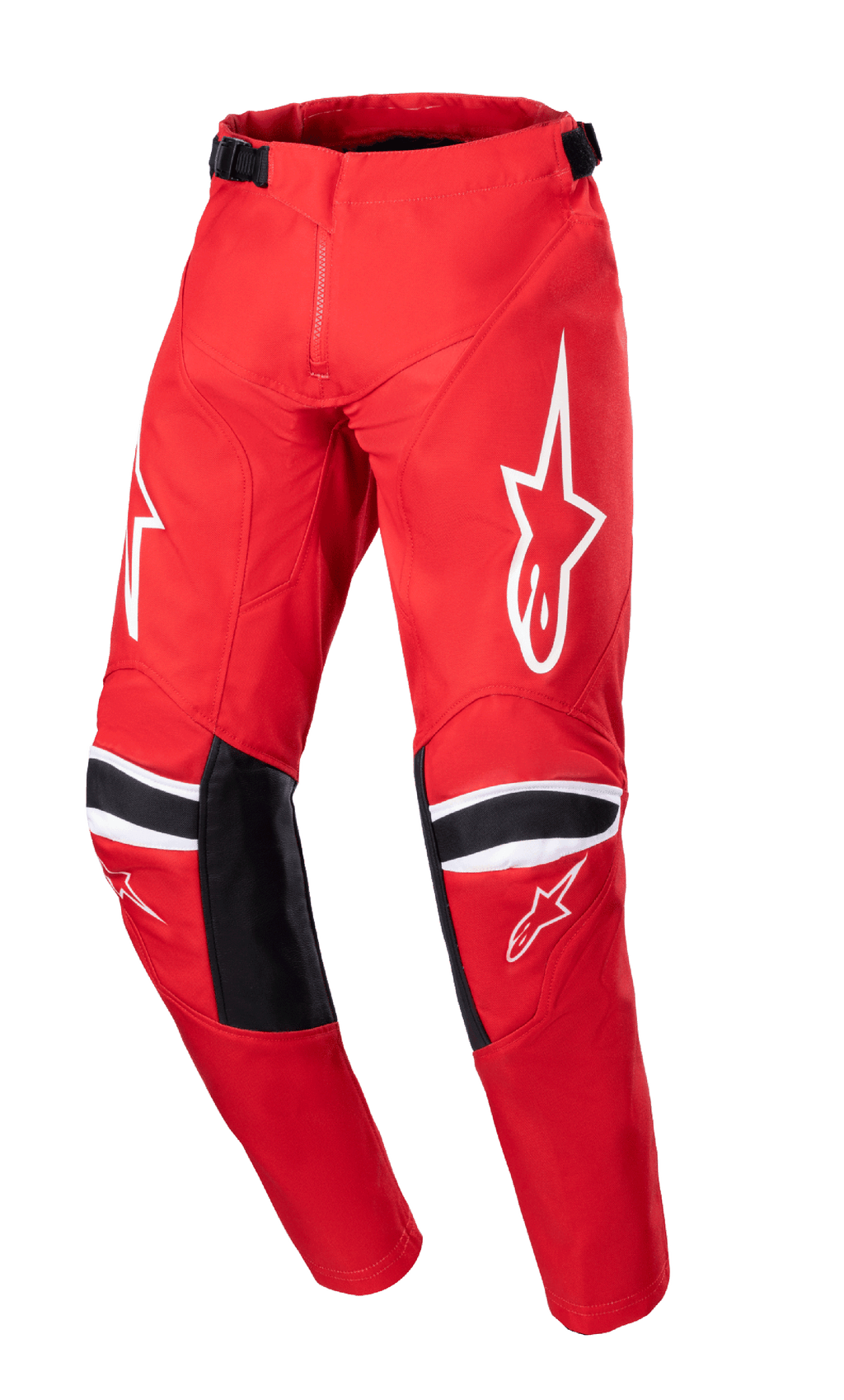 Alpinestars 2023 Youth Racer Narin Pants, calças de motocross para jovens, vermelho Mars e branco, com logótipos de estrela branca nas coxas, painéis de reforço pretos nos joelhos com riscas brancas, correias de ajuste na cintura, design de corrida todo-o-terreno durável
