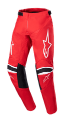 Alpinestars 2023 Youth Racer Narin Pants, calças de motocross para jovens, vermelho Mars e branco, com logótipos de estrela branca nas coxas, painéis de reforço pretos nos joelhos com riscas brancas, correias de ajuste na cintura, design de corrida todo-o-terreno durável