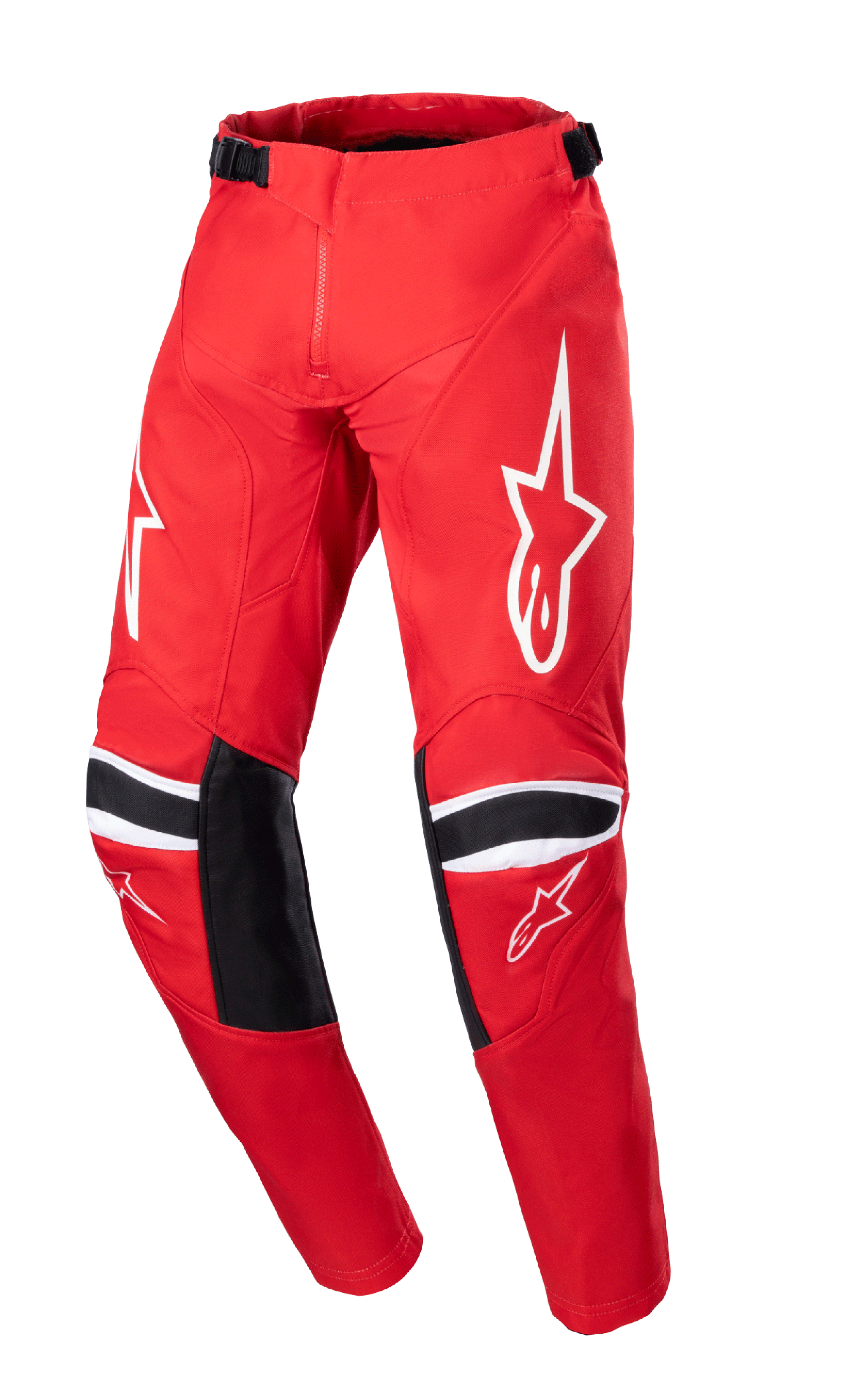 Alpinestars 2023 Youth Racer Narin Pants, calças de motocross para jovens, vermelho Mars e branco, com logótipos de estrela branca nas coxas, painéis de reforço pretos nos joelhos com riscas brancas, correias de ajuste na cintura, design de corrida todo-o-terreno durável
