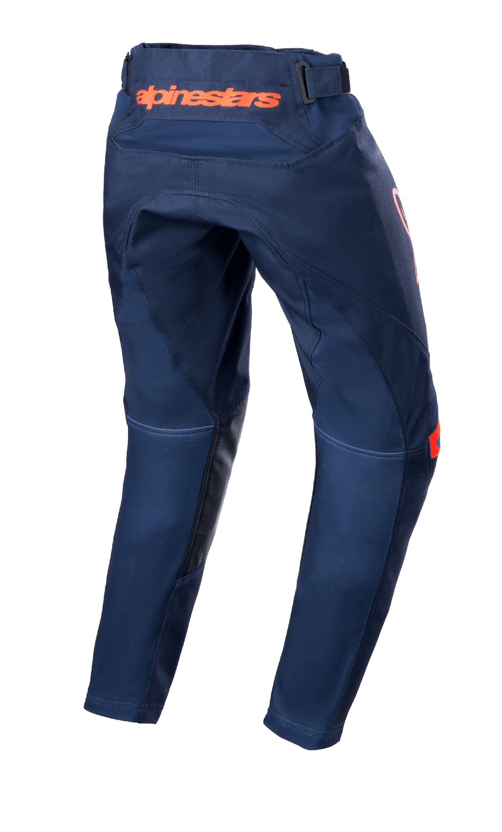 Alpinestars Youth 2023 Racer Narin Pants, Motocross Pants, Night Navy and Hot Orange, rear view showing orange Alpinestars branding on the waist and black leather inner leg reinforcements, durable textile design for off-road riding