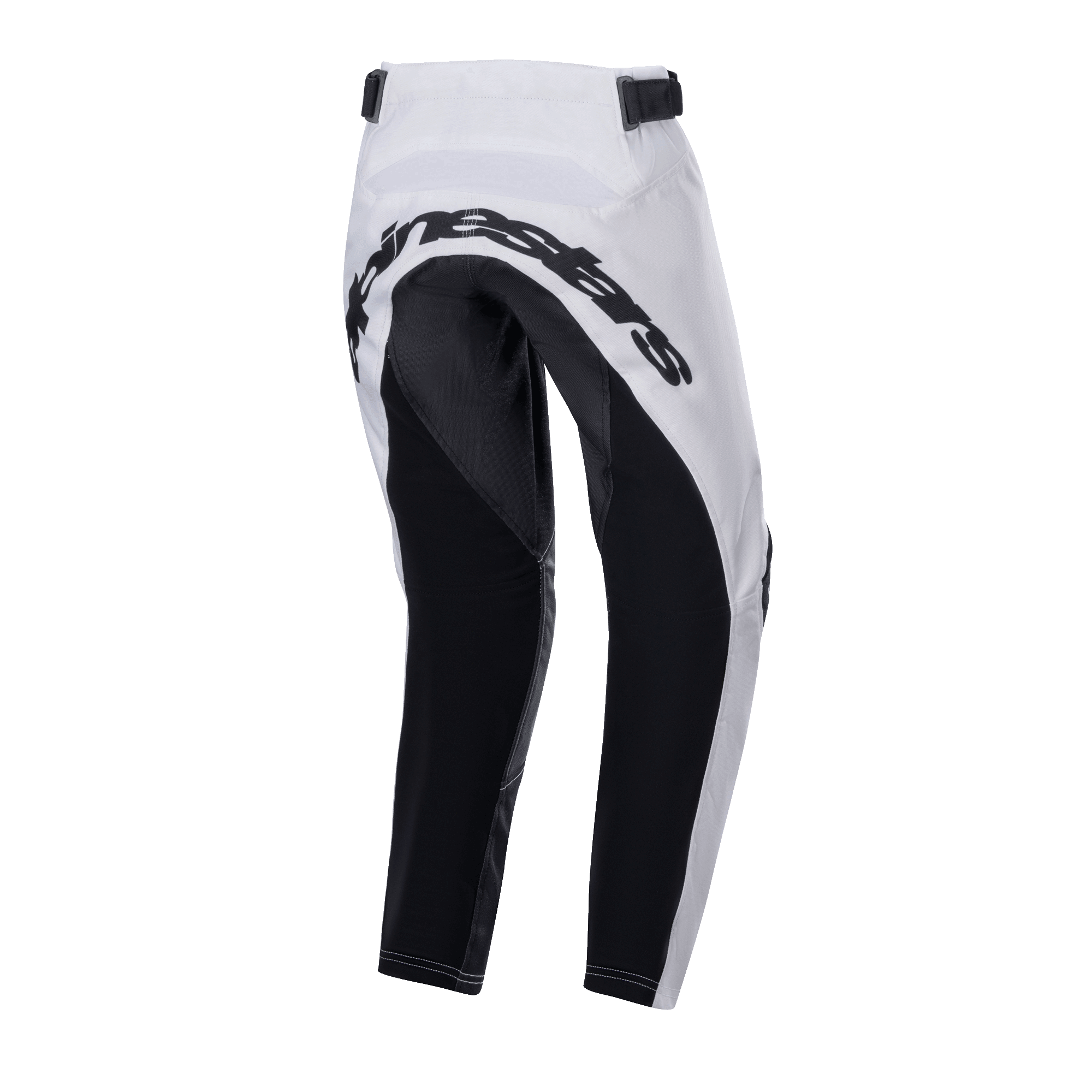 Alpinestars 2024 Youth Racer Lucent Pants, calças de motocross, brancas e pretas, vista traseira que mostra grandes painéis pretos reforçados no assento e na parte interna das pernas, logótipo Alpinestars na parte traseira e correias de ajuste na cintura para condução todo-o-terreno.